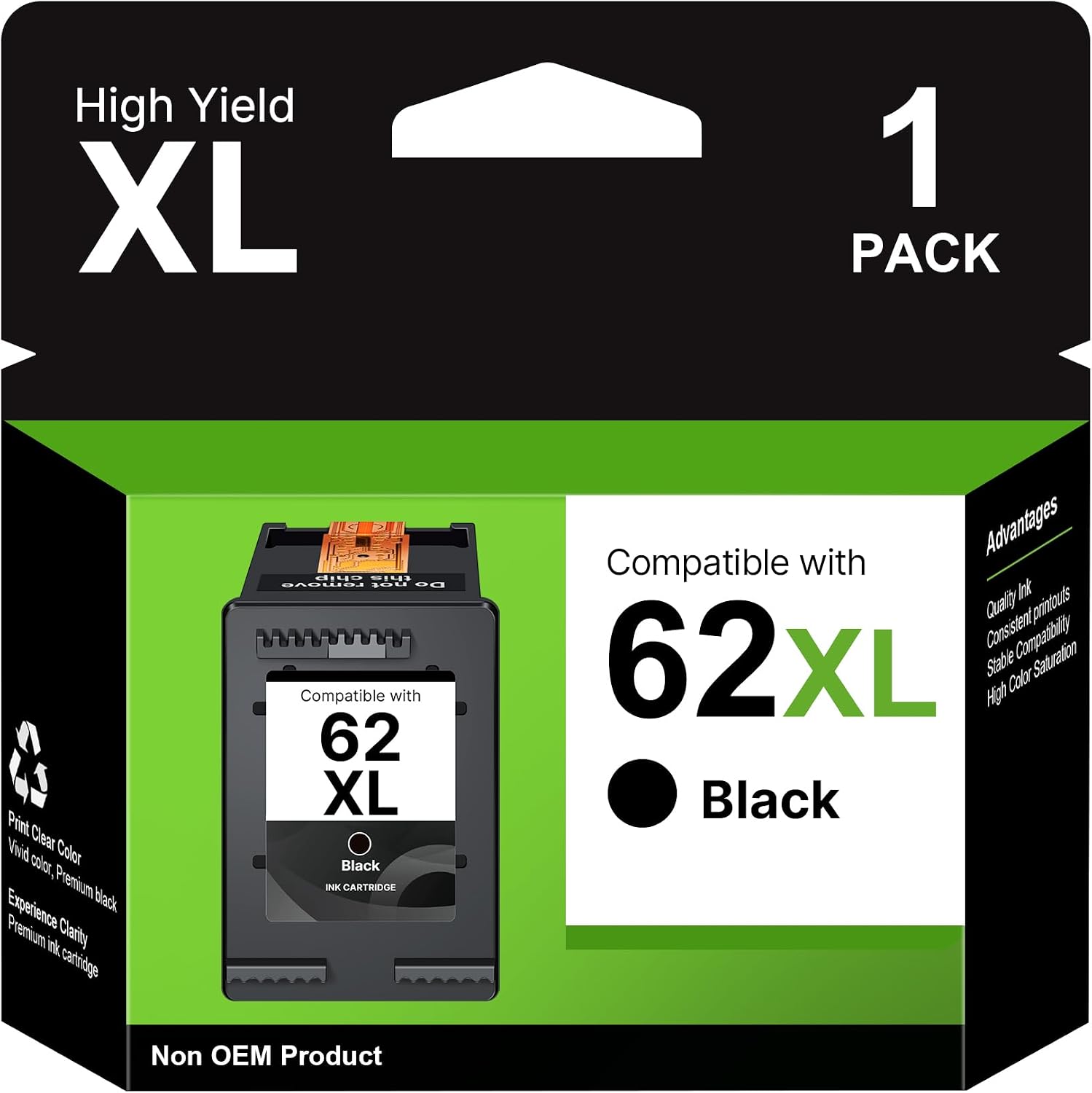 Cartouche Washope 62 XL Noir (62XL) compatible HP 62 Noir pour OfficeJet/Envy 1 noir