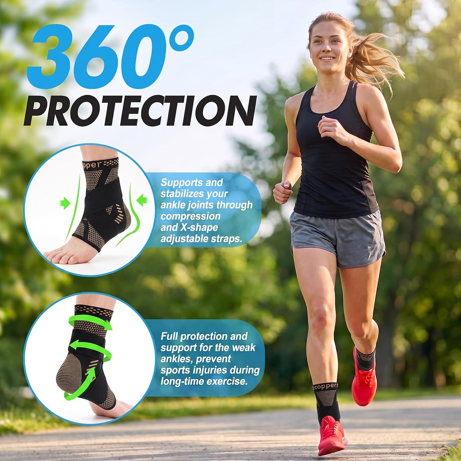 Detalle de Lusenone Copper Ankle Brace, Adjustable Compression Sleeves with Removable Strap
