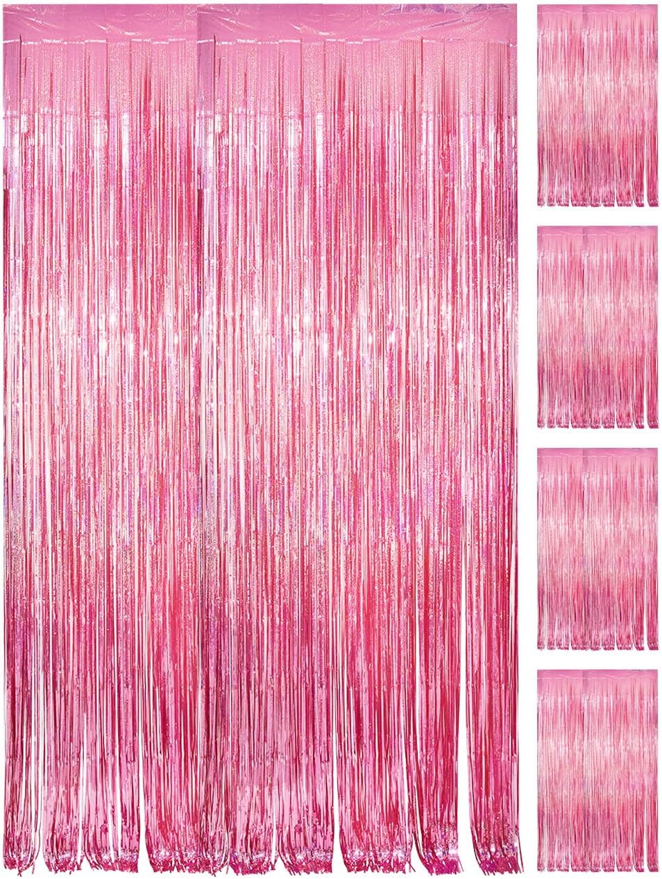 Detalle de PVEGOS 4pc Laser Pink Glitter Tinsel Curtain Backdrop – 3.3 x 8.3 ft