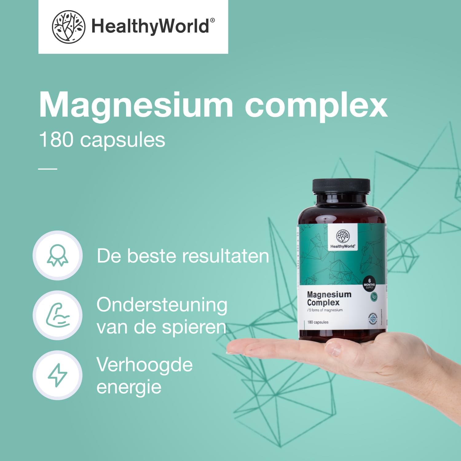 Thumbnail 1 de HealthyWorld Magnesium Complex, 180 plantaardige capsules met 5 magnesiumvormen