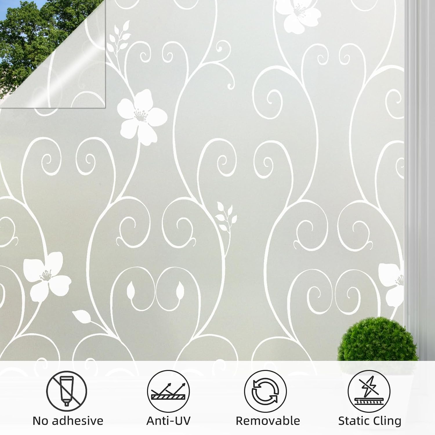 Detalle 1 de DUOFIRE DP014W-3680 White Flower Window Privacy Film, Static Cling, 90 x 200 cm