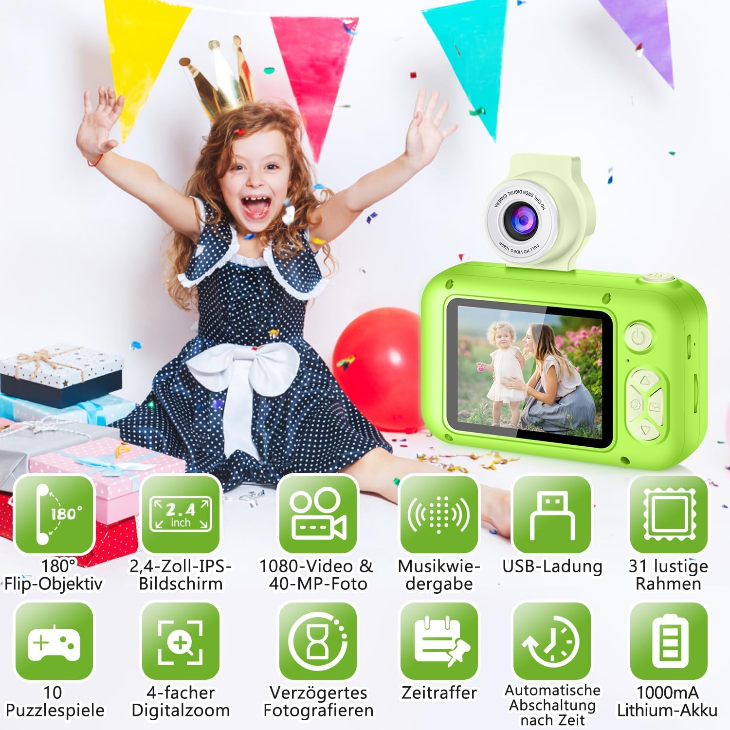 Thumbnail 1 de ARNSSIEN Kinder-Digitalkamera X101 mit 180° Flip-Objektiv und 2,4" IPS-Selfie-Modus