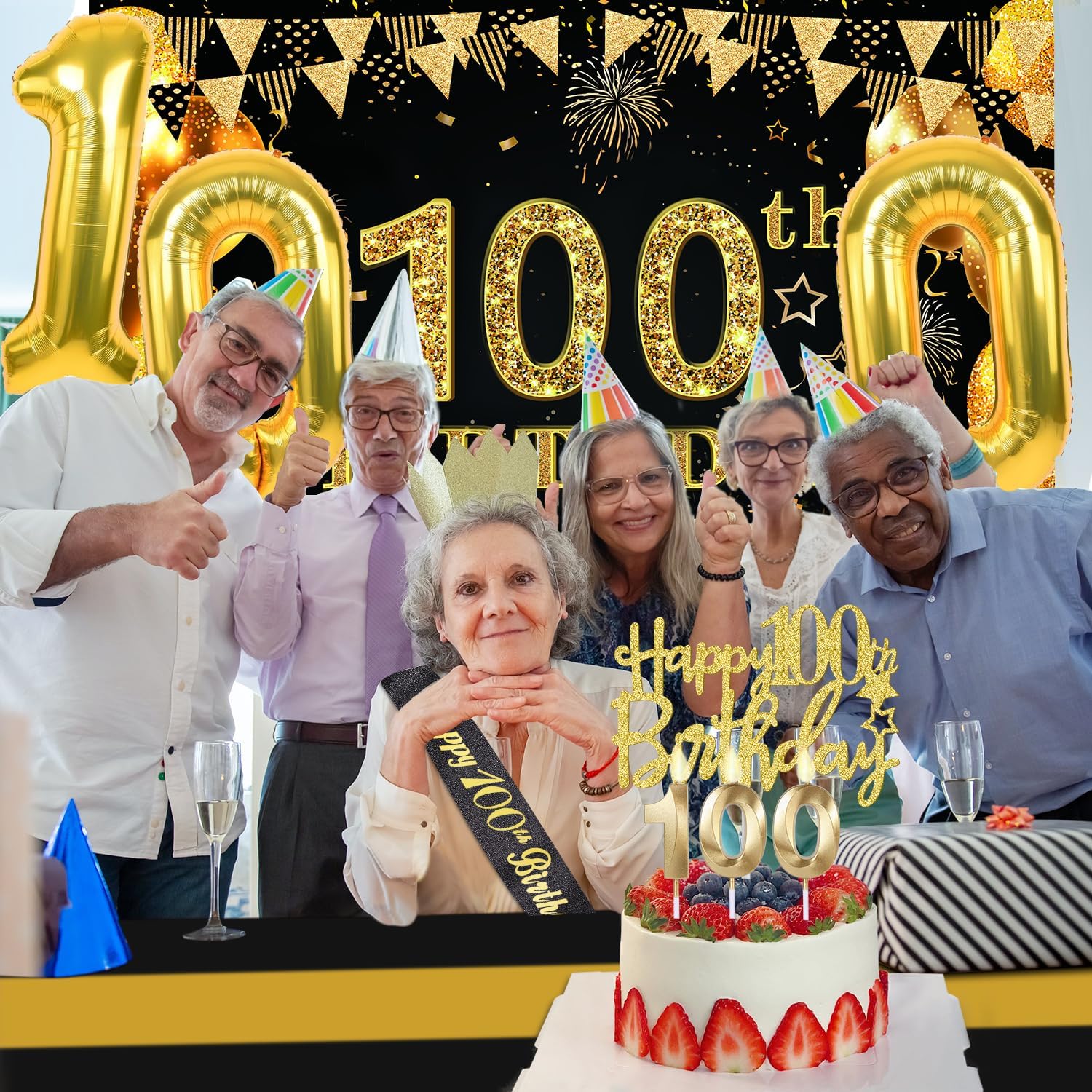 Thumbnail 6 de 100th Birthday Decorations Set for Men and Women – Black and Gold Milestone Party Kit