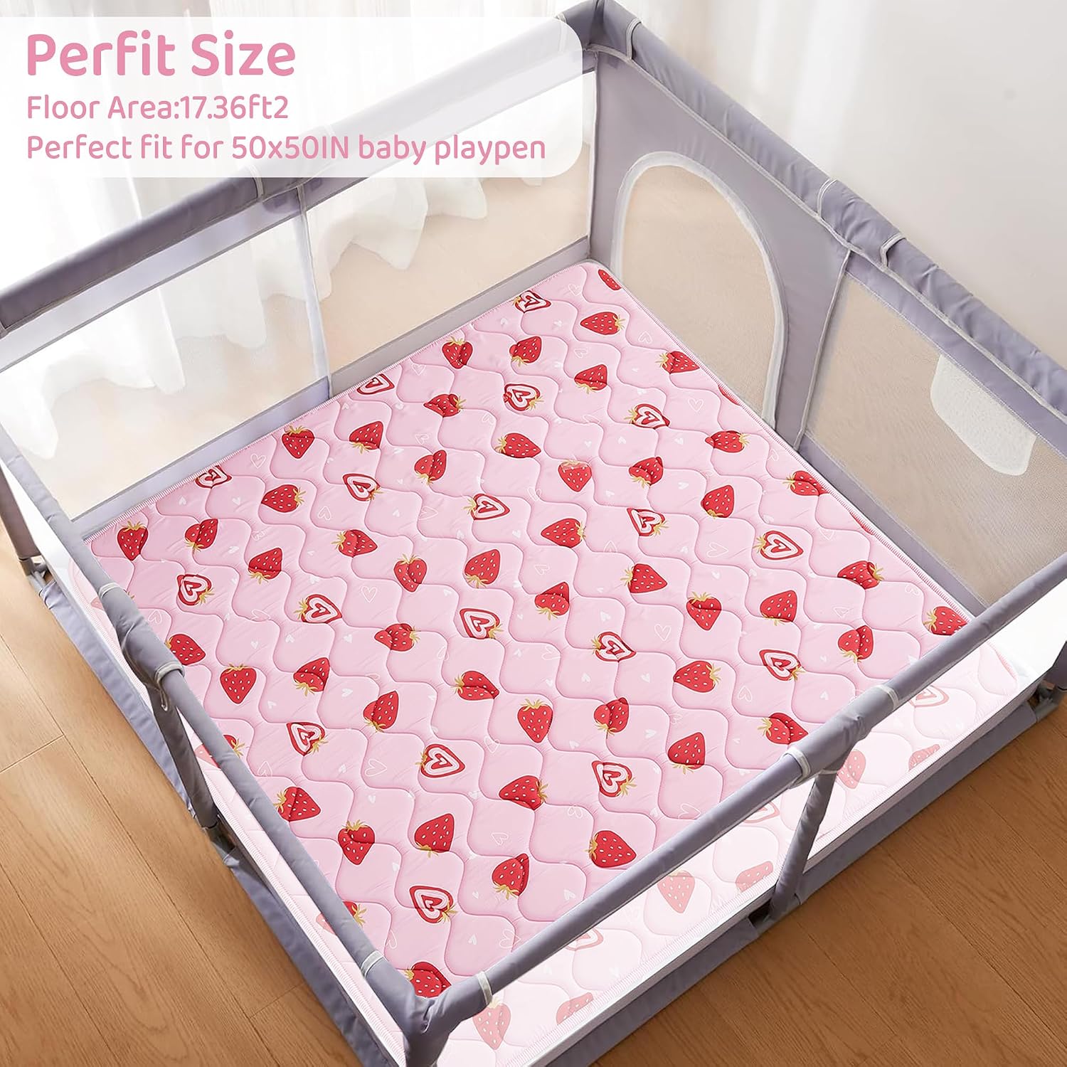 Detalle de Viviland Baby Mats for Floor Baby Play Mat, 50 x 50-Inch Pink Strawberry