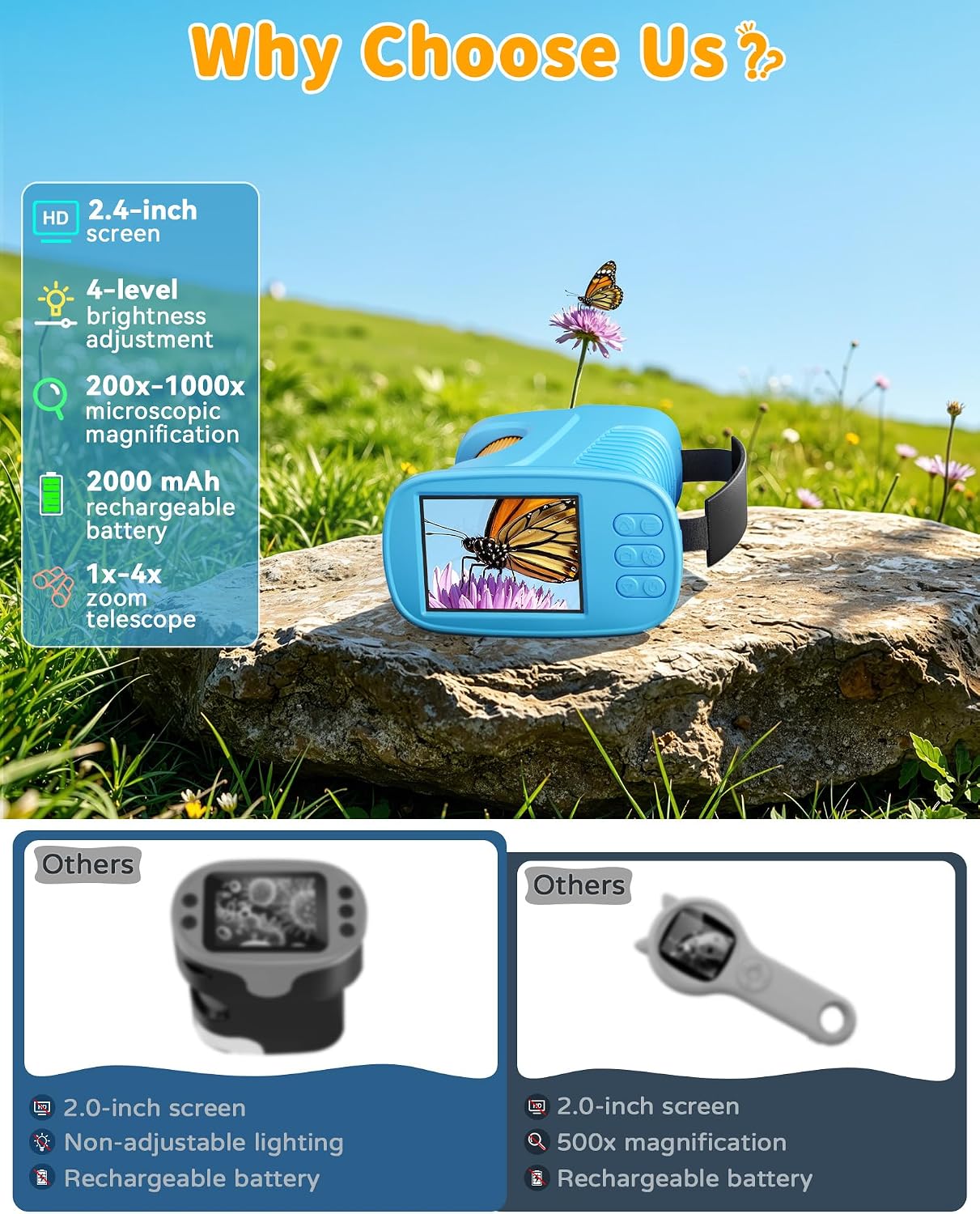 Detalle de Kids Borescope 1000X Handheld Microscope for Kids with 2.4-Inch IPS Screen and 12 Slides