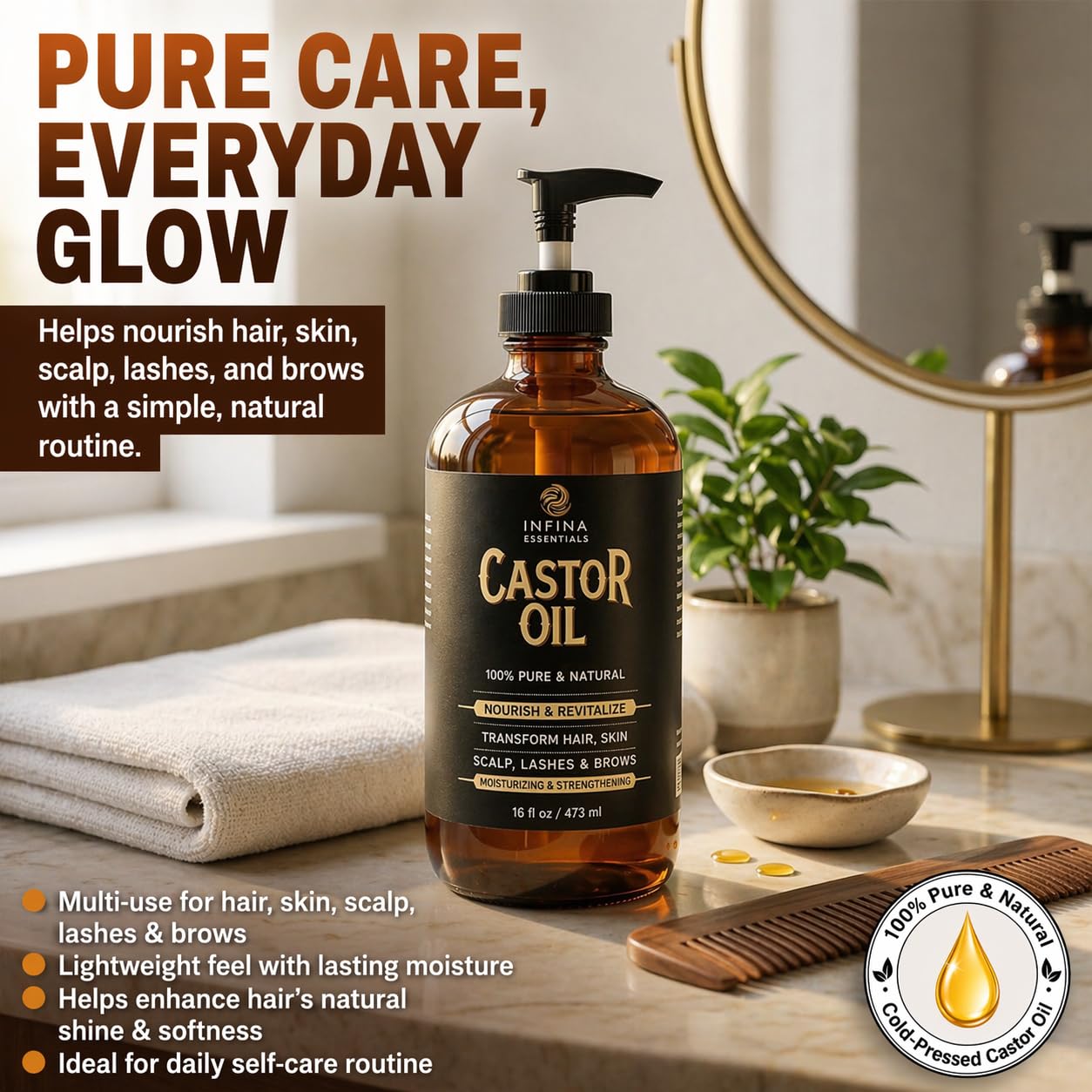 Detalle 2 de INFINA ESSENTIALS Pure Cold Pressed Castor Oil (Hexane Free) — 16 fl oz Glass Bottle for Hair, Scalp, Skin & Eyelashes