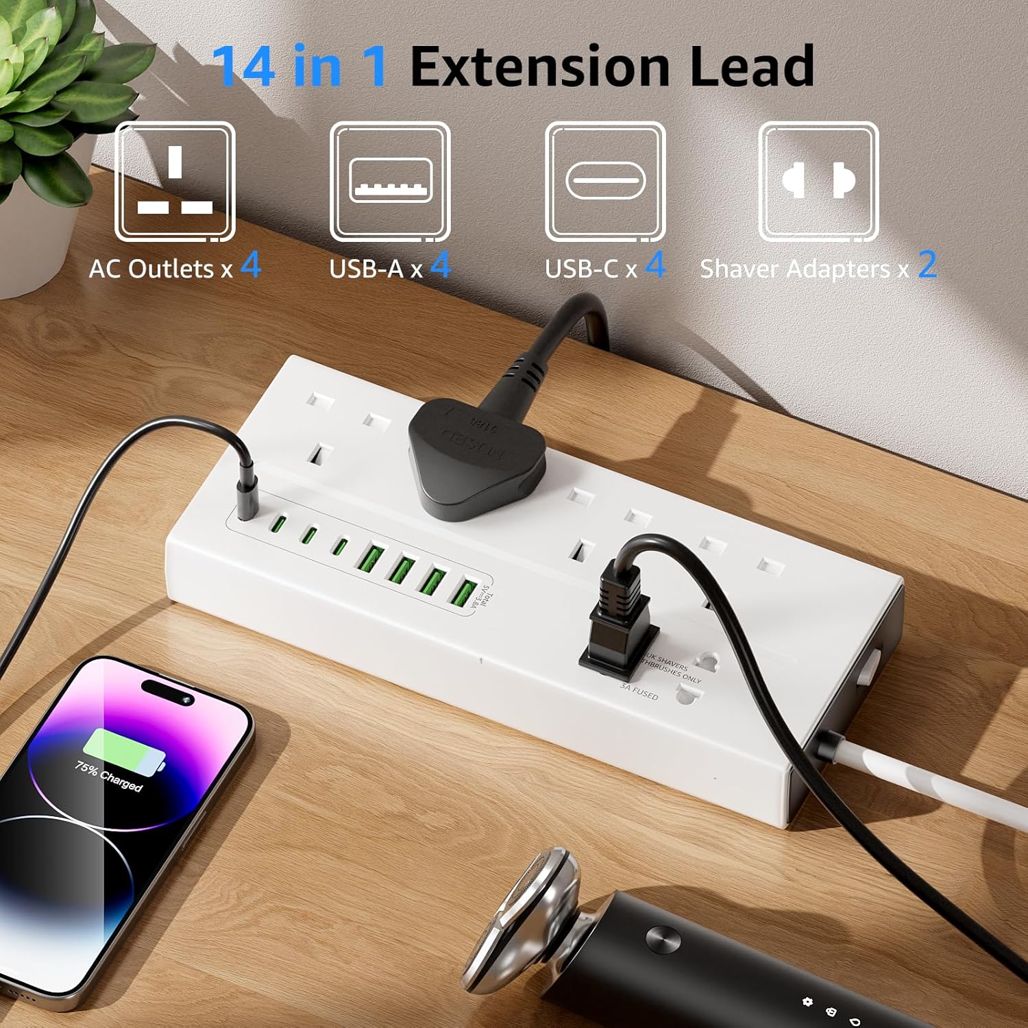 Thumbnail 1 de VoltFlow 4‑Way USB Extension Lead 1.8m