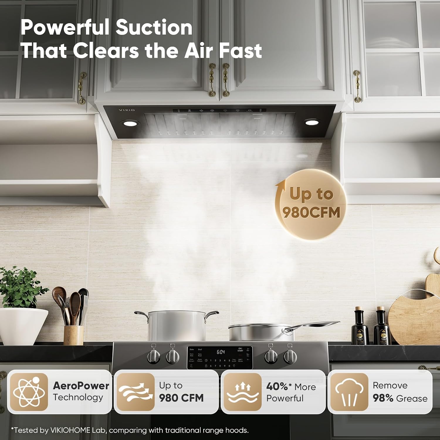 Detalle de VIKIO HOME 30-Inch Built-In Range Hood, 980 CFM, Gesture & Touch Controls