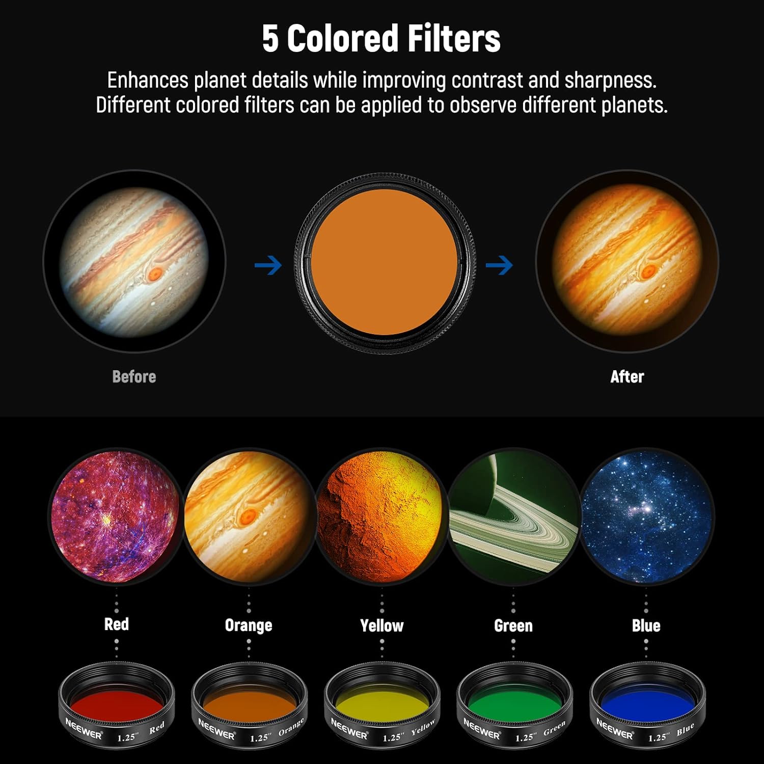 Detalle de Neewer 1.25-inch Telescope Filter Kit: CPL + Moon & Skyglow + Red/Orange/Yellow/Green/Blue Eyepiece Filters