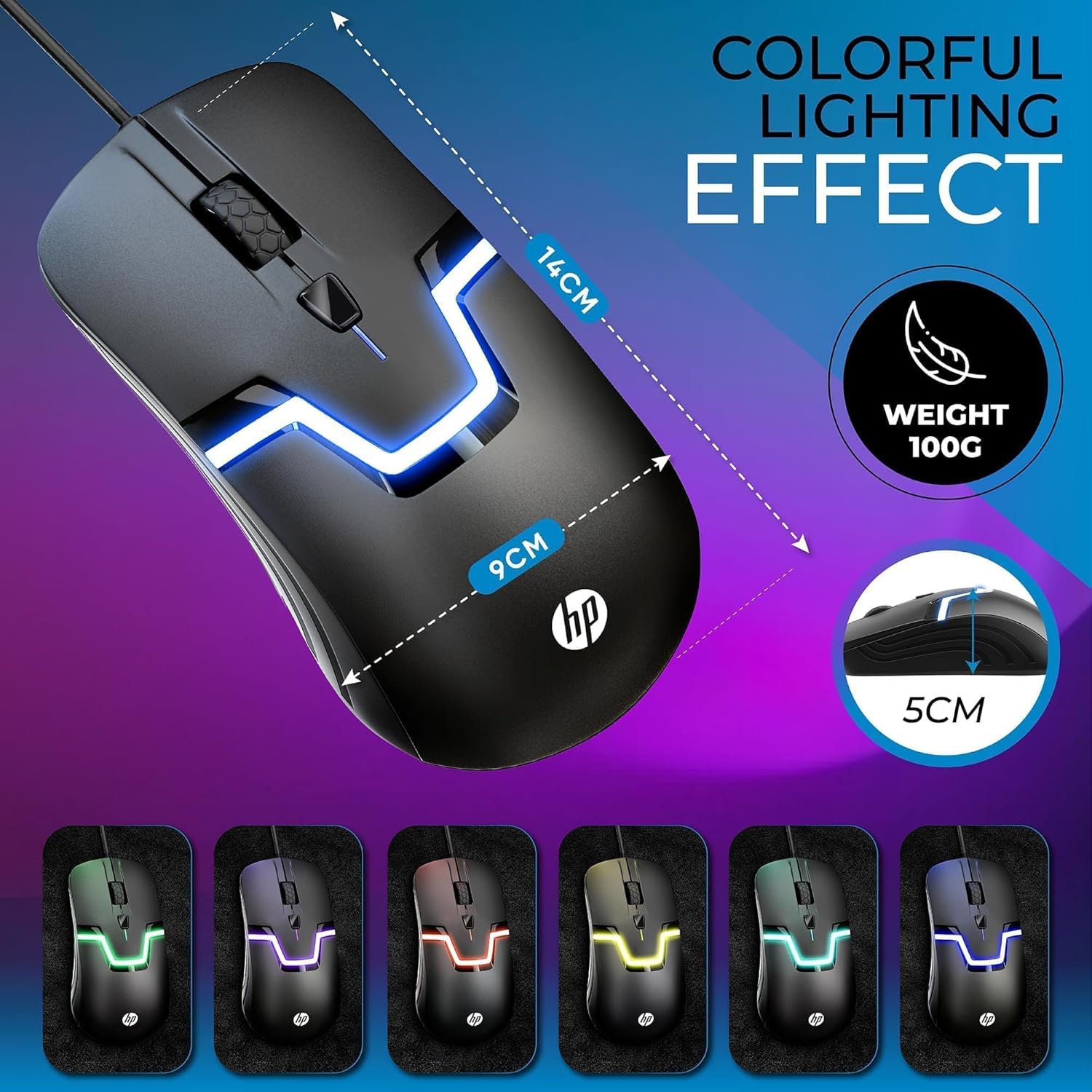Thumbnail 6 de HP Wired RGB Gaming Mouse with Optical Sensor and 7-Color LED (3 Buttons, 1200 DPI)