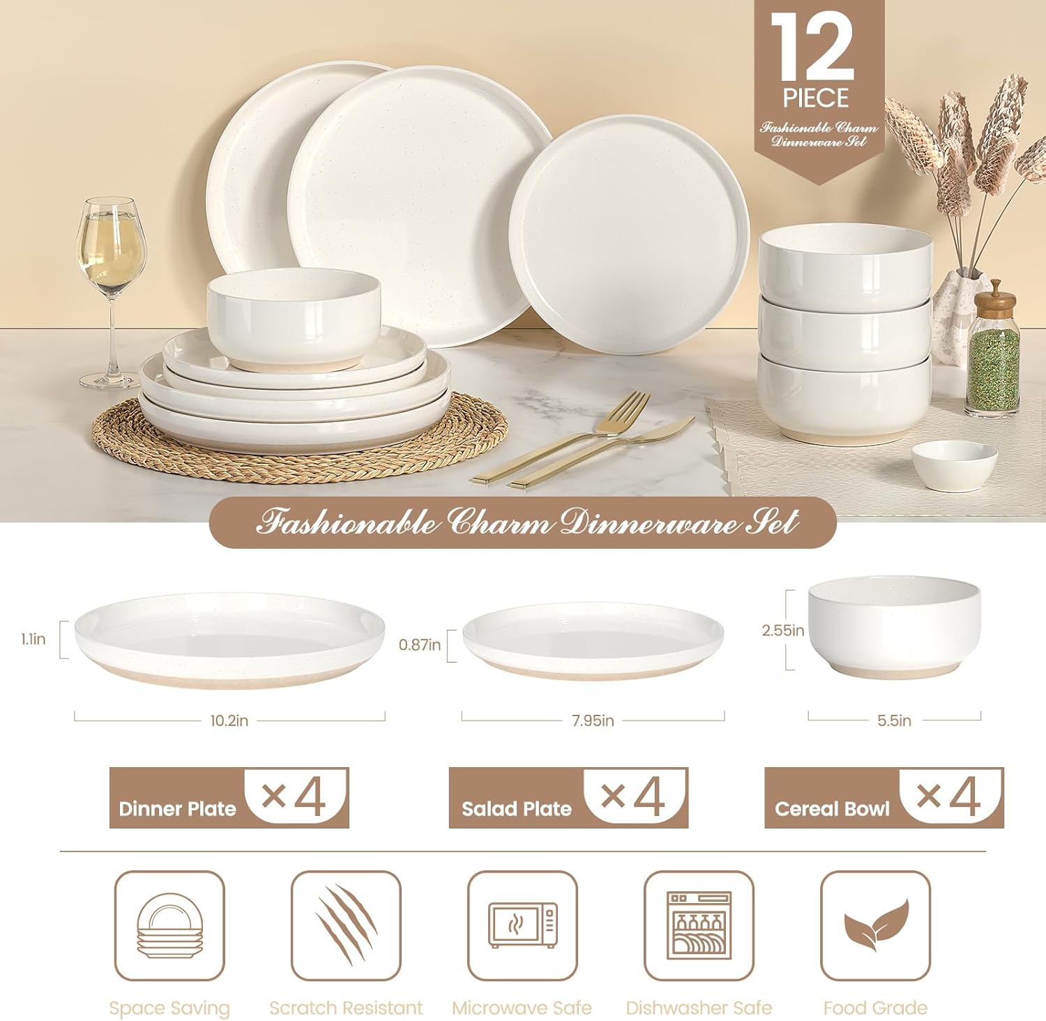 Detalle 2 de Plates and Bowls 12-Piece Dinnerware 🍽