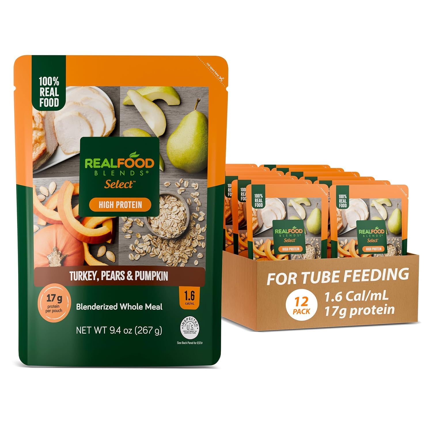 Detalle de REAL FOOD BLENDS Select 202464 Turkey, Pears & Pumpkin Tube Feeding Meal, 12 Pack