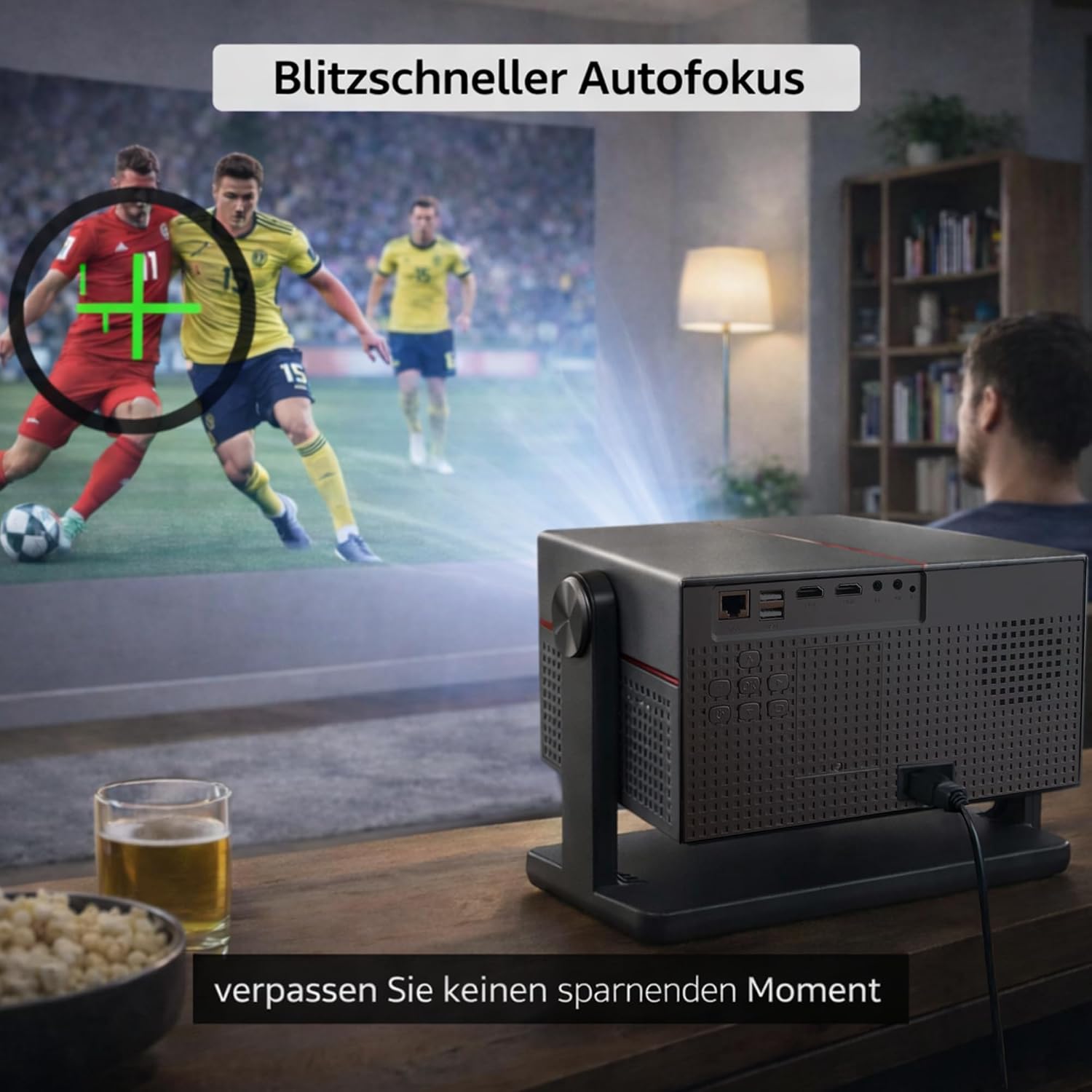 Detalle de Smart Beamer 4K Heimkino mit Autofokus, Auto-Trapezkorrektur, WiFi 6 & Android (Outdoor/Garten)