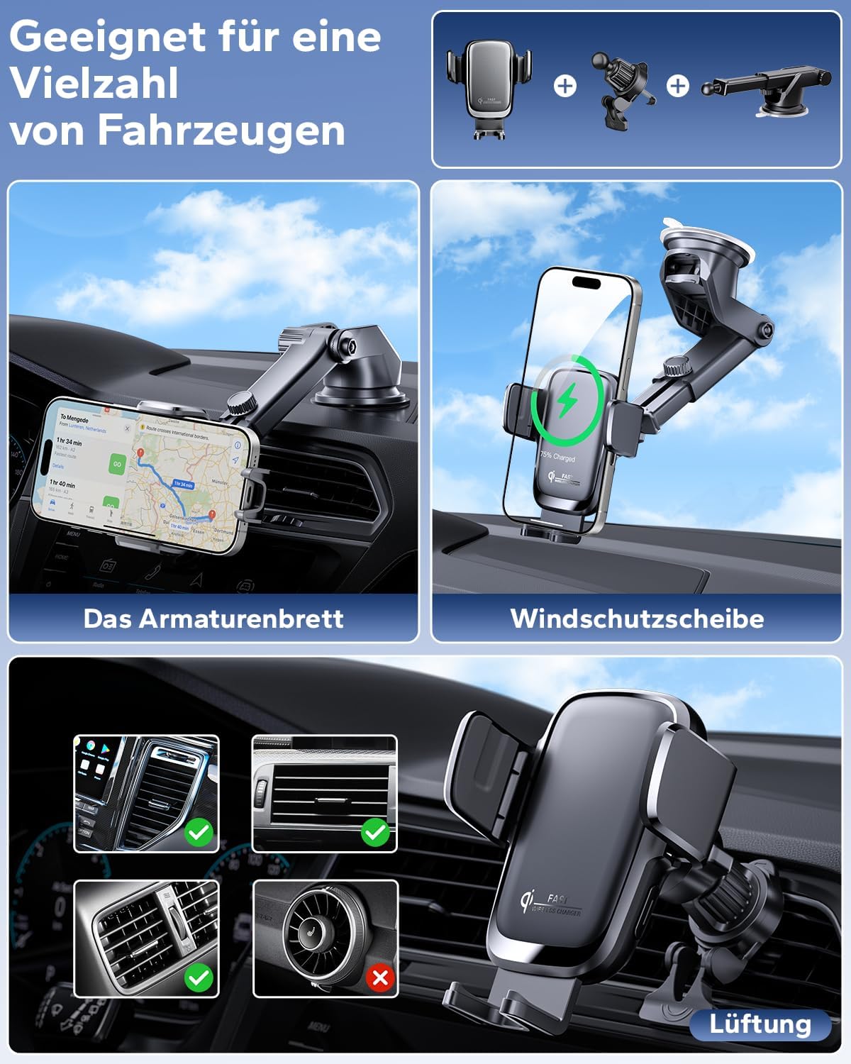 Detalle 2 de KPON 15W Qi Handyhalterung Auto mit Sauger