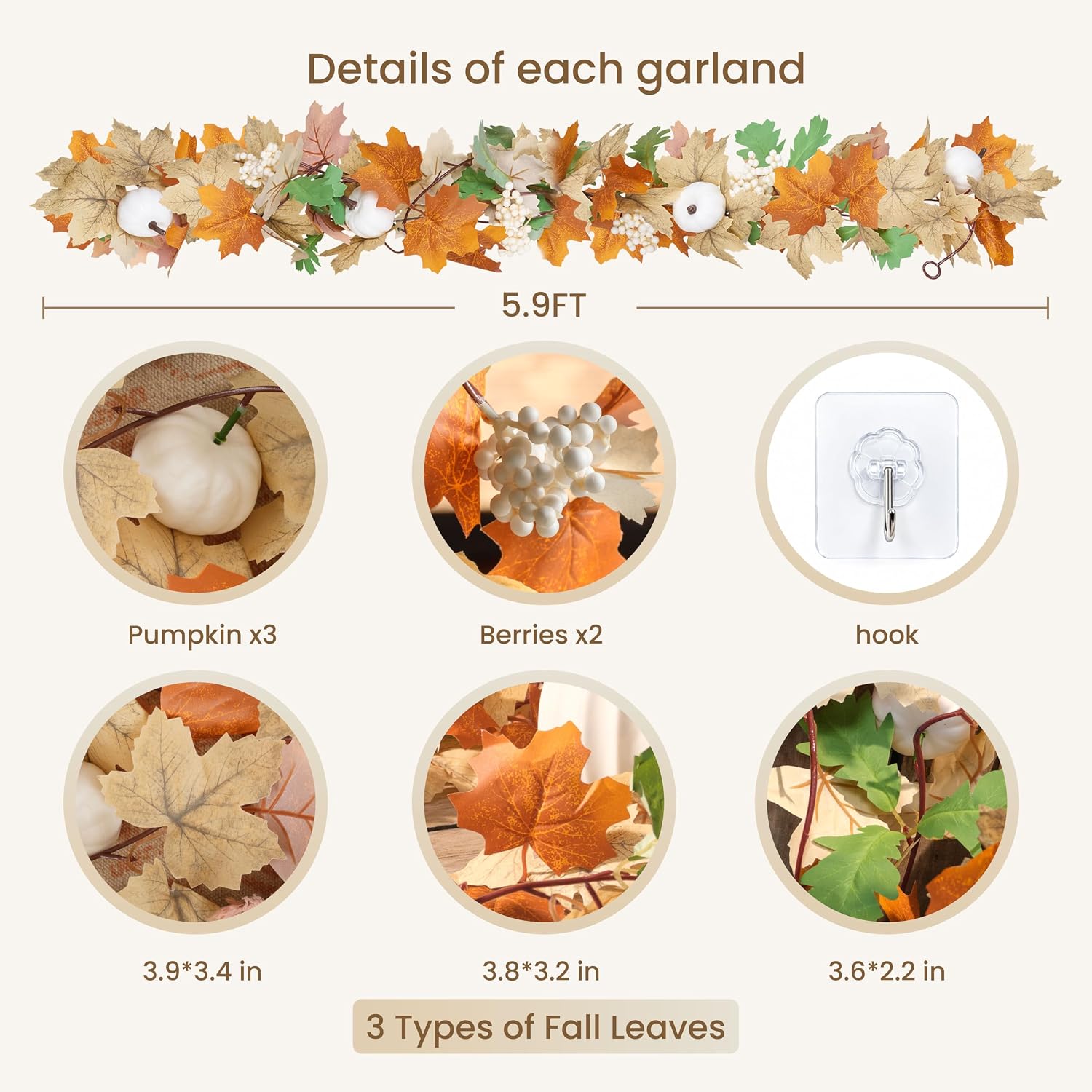 Detalle 2 de CQURE 16-Pack Fall Leaf Garland, 94.4 Ft Silk Maple Leaves