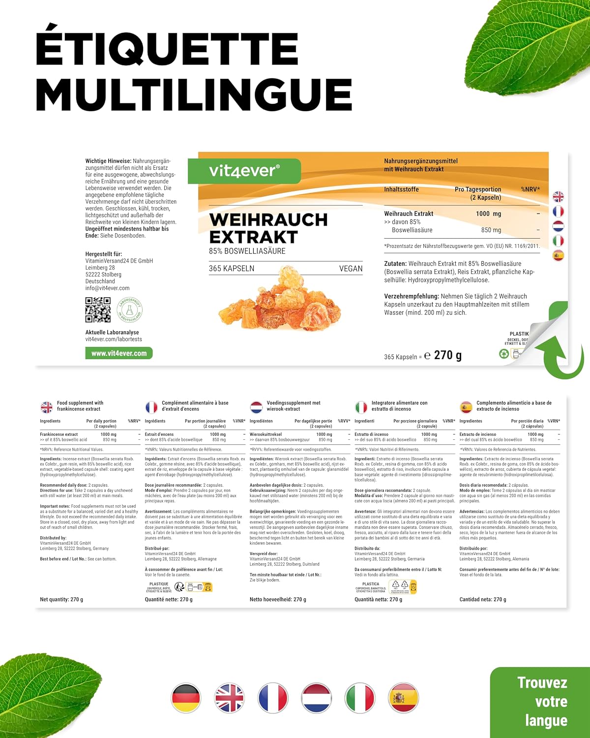 Thumbnail 5 de Vit4ever Extrait d’encens 365 gélules Premium – 85% d’acide boswellique (1000 mg/jour, vegan)