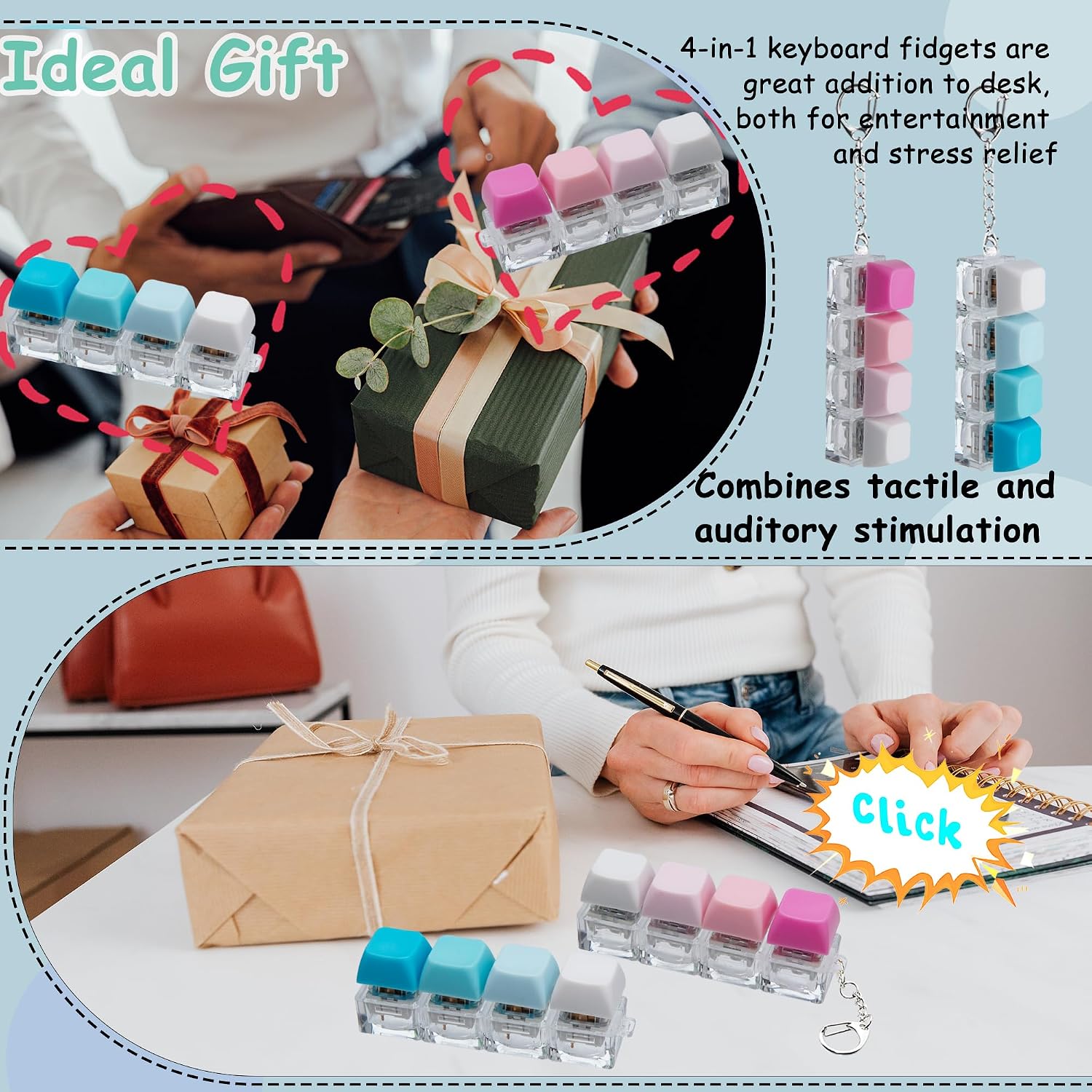 Detalle 2 de 2 PCS Keyboard Fidget Toy: 4-in-1 Keyboard Decompression Button Keychain (Blue & Pink)