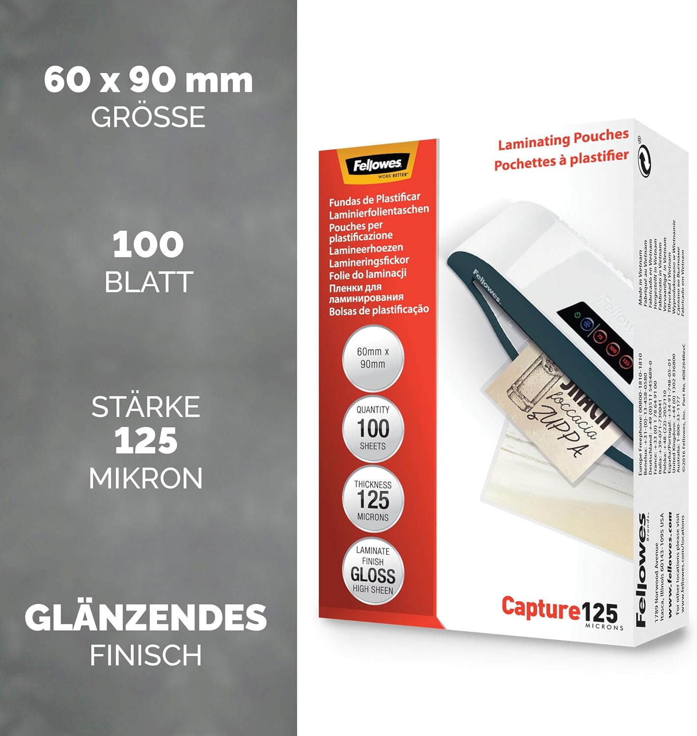 Thumbnail 1 de Fellowes Laminierfolien Format 60 x 90 mm, 125 Mikron – 100 Stück, glänzend