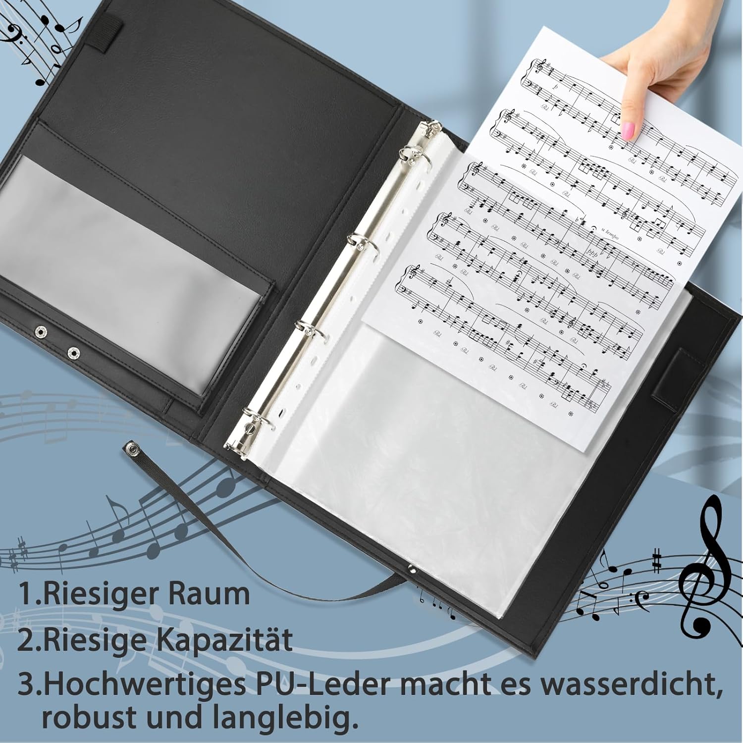 Detalle 2 de Eyoloty Notenmappe / Chor- und Gesangsmappen bis DIN A4, Kunstleder mit Handgurt – 24-seitige Tasche, bis 200 Blatt