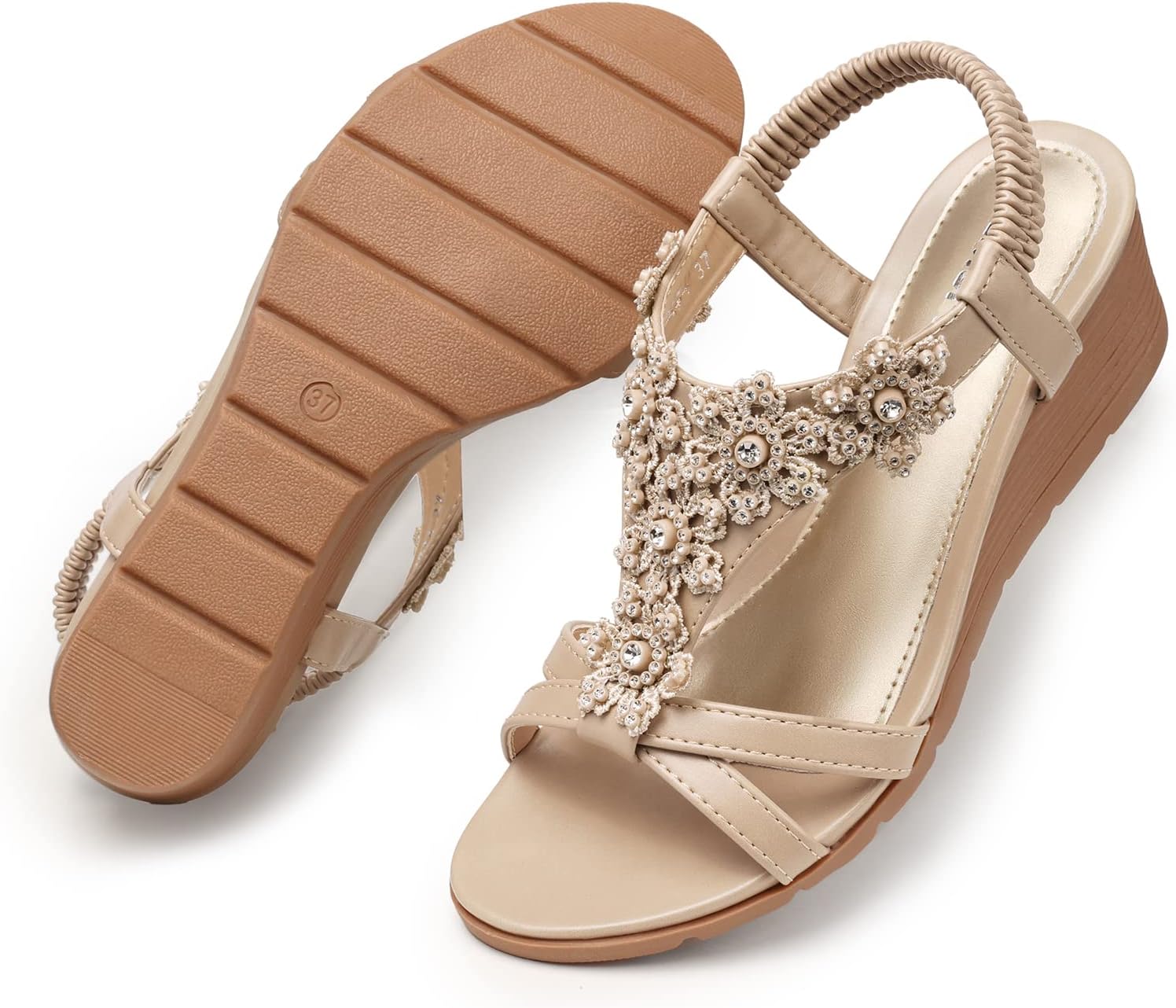 Thumbnail 6 de TEMOFON Women’s Low Wedge Platform Sandals with Elastic Ankle Strap (Open Toe, Flower Rhinestone Detail)