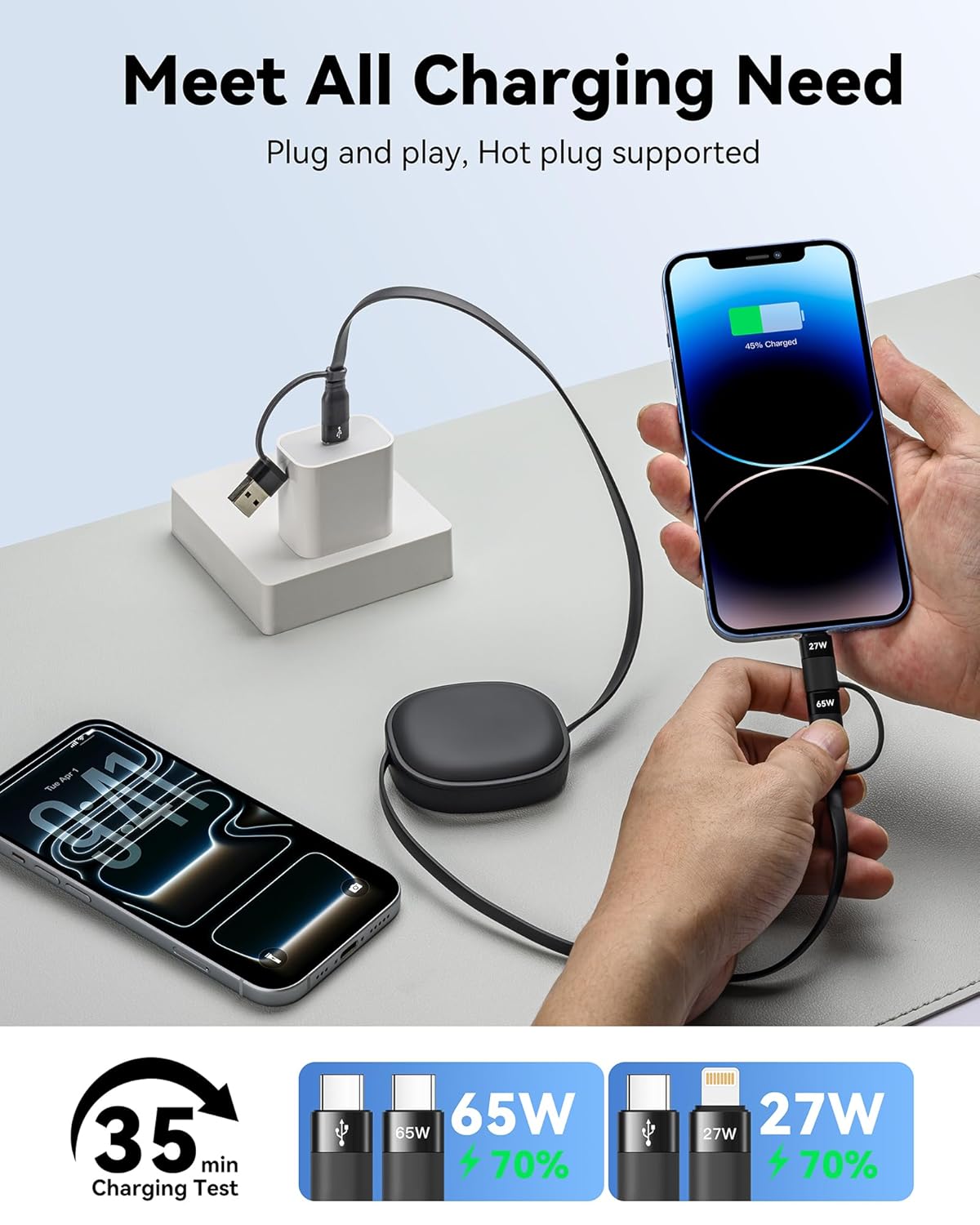Detalle 2 de Multi Charging Cable 60W 5‑in‑1 Retractable
