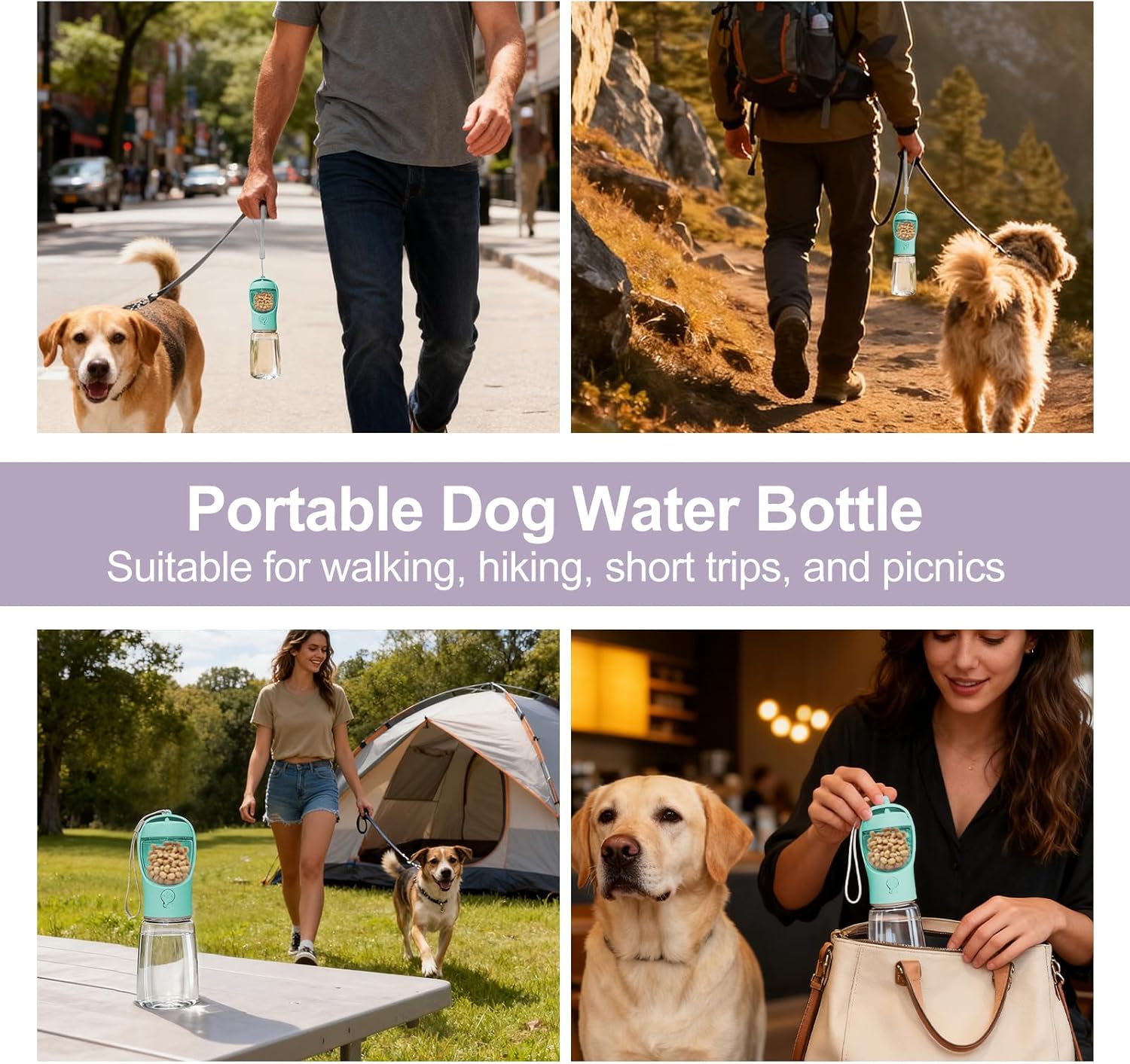 Detalle de Liphier Dog Water Bottle 2 in 1 Portable Water Bottle with Food Container (Green, 550ml)