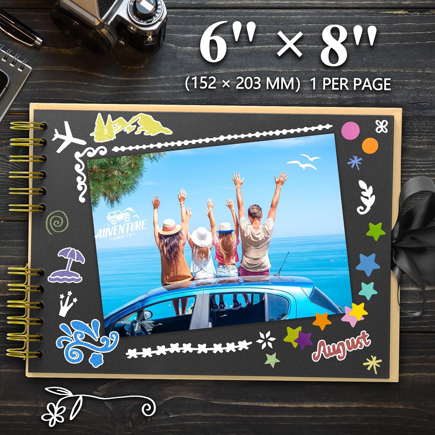 Detalle de YILEEY Fotoalbum zum Selbstgestalten – DIY Scrapbook mit Zubehör, 80 Seiten in Schwarz, Weinrot