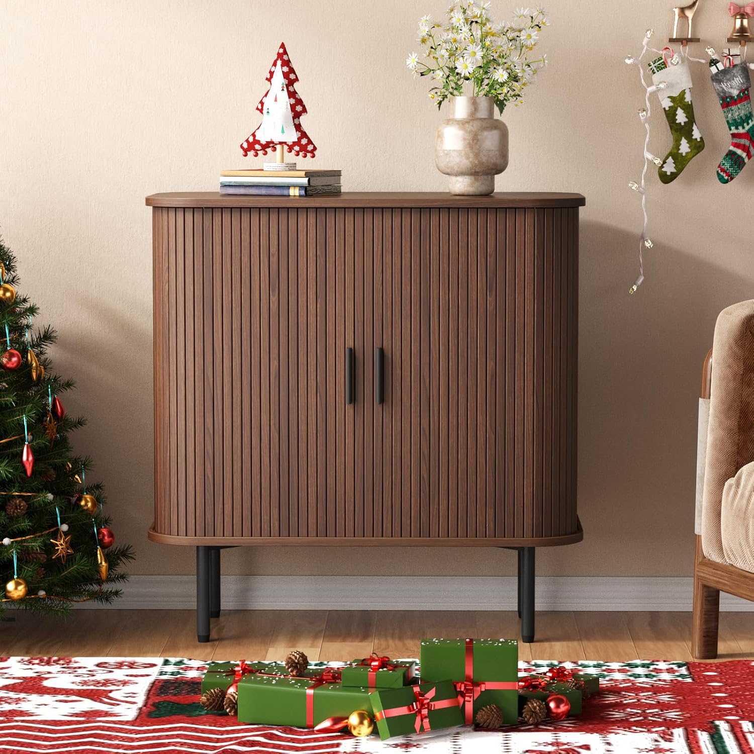 Thumbnail 2 de BonVache J1S0011 Fluted Sideboard Cabinet, Walnut, Sliding Doors