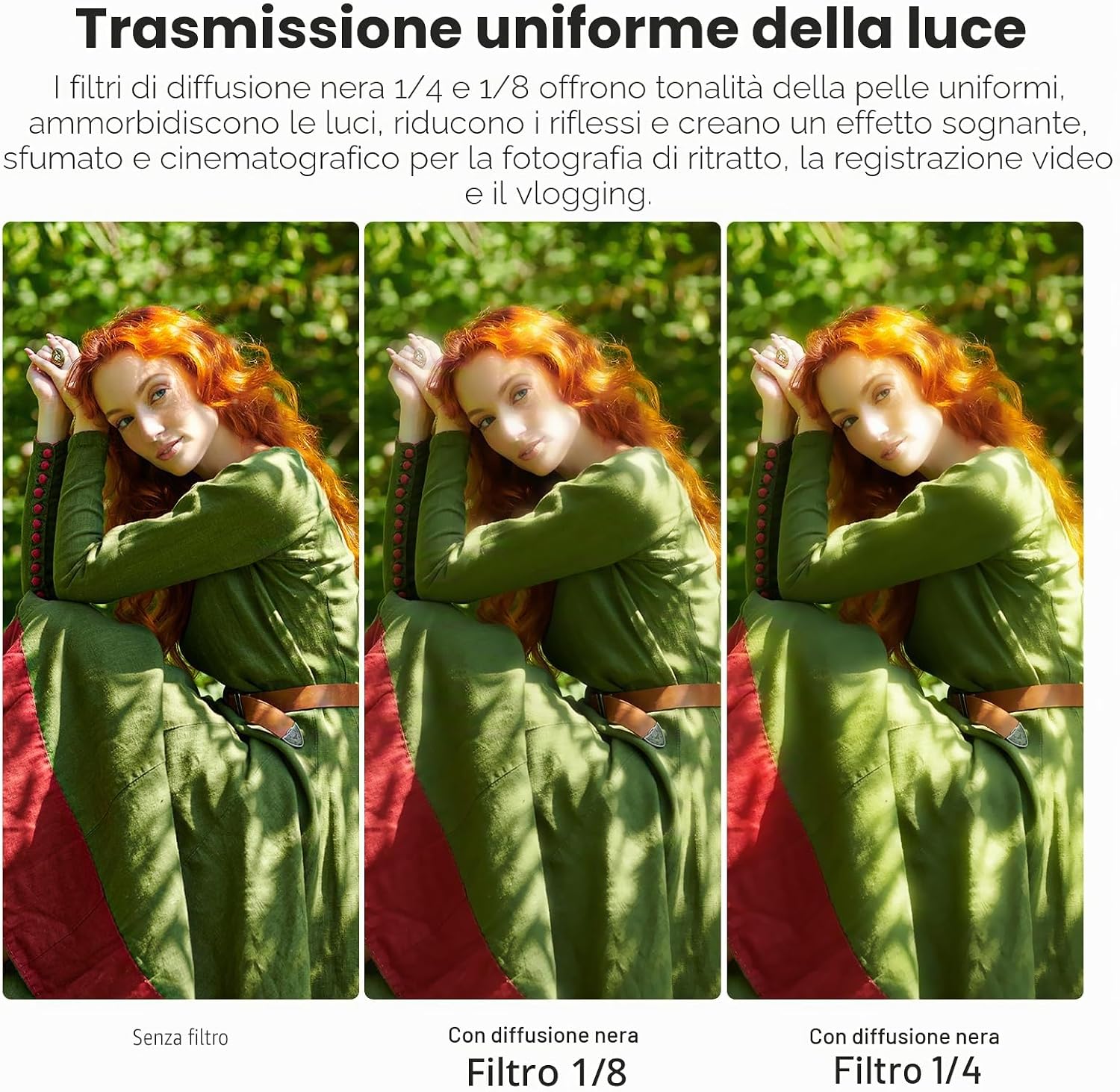 Detalle 2 de NEEWER 58mm Black Diffusion 1/4 & 1/8 – Set di filtri diffusione multistrato per ritratto e video (2 pezzi) con custodia e panno