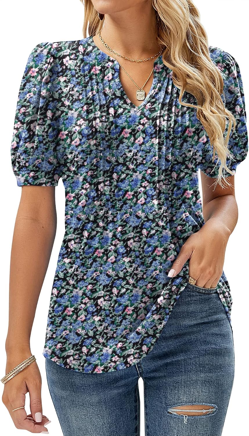 Thumbnail 6 de EFFAN Women's V-Neck Puff Sleeve Floral Pleated Tunic Blouse