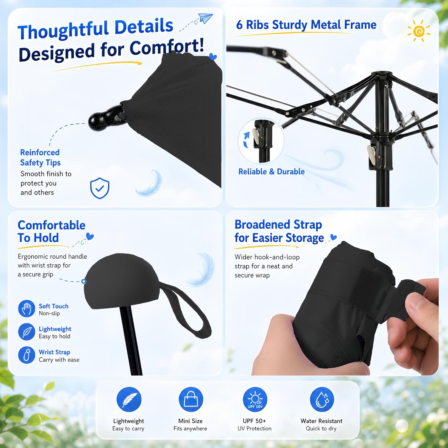 Detalle 2 de BAODINI Travel Essentials Mini Umbrella: Ultralight UV-Blocker Wallet-Size Protection