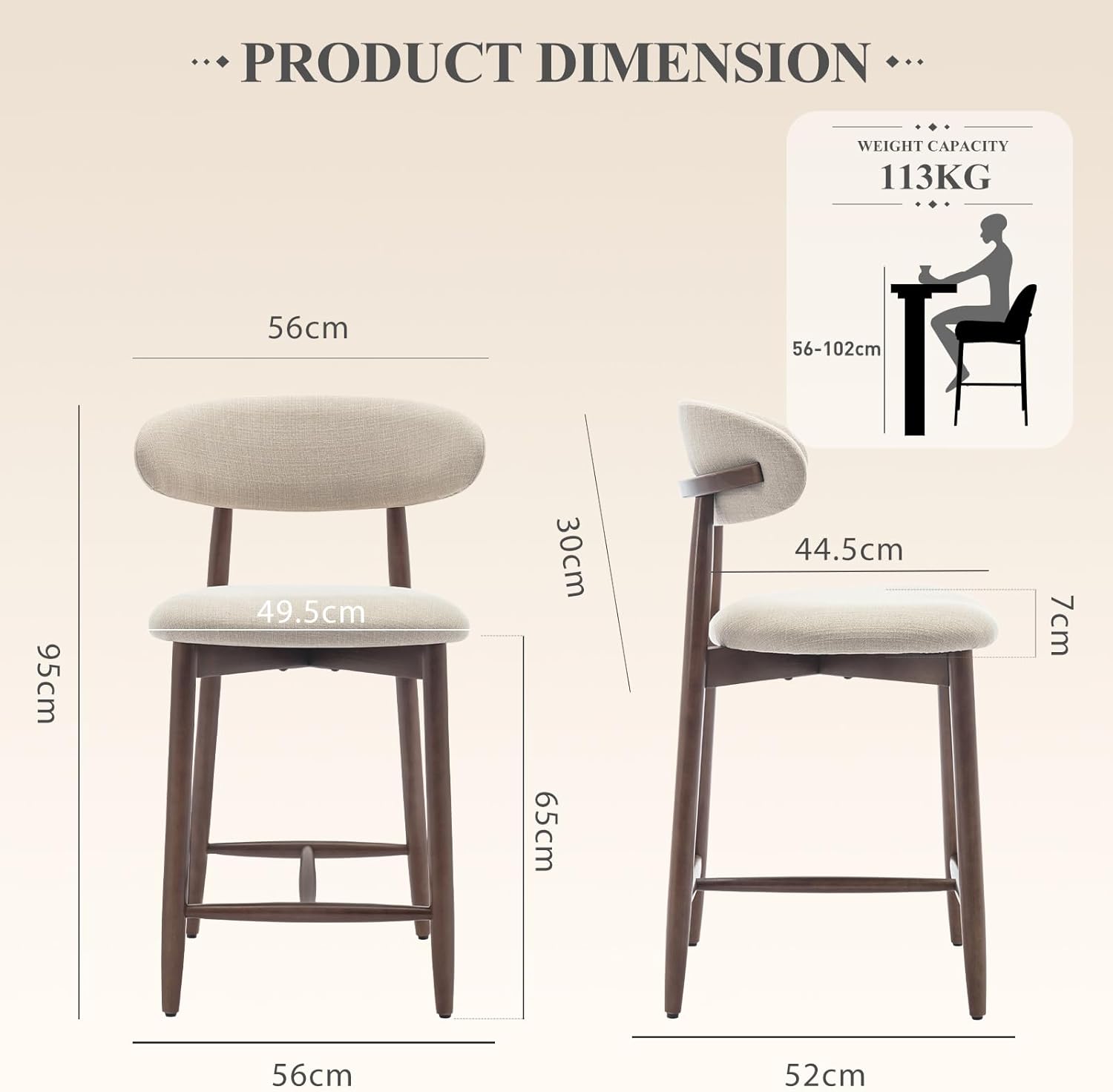 Detalle de COLAMY 2PCS Counter Height Bar Stools with Back: Nordic-Inspired Comfort for Kitchen Islands