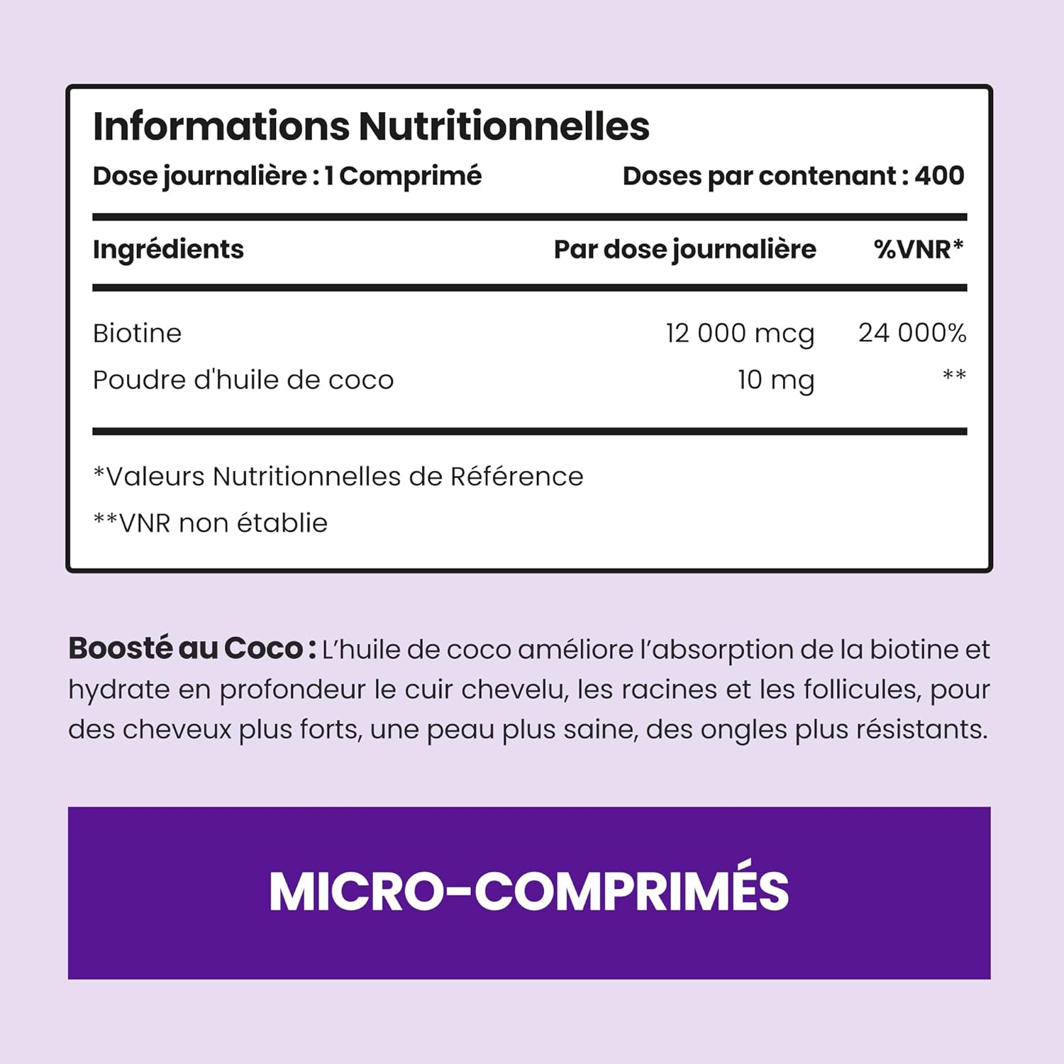 Detalle 2 de Biotine Cheveux Pousse Rapide 12 000 mcg Extra Fort – VitaBright, cure d’un an avec extrait de noix de coco