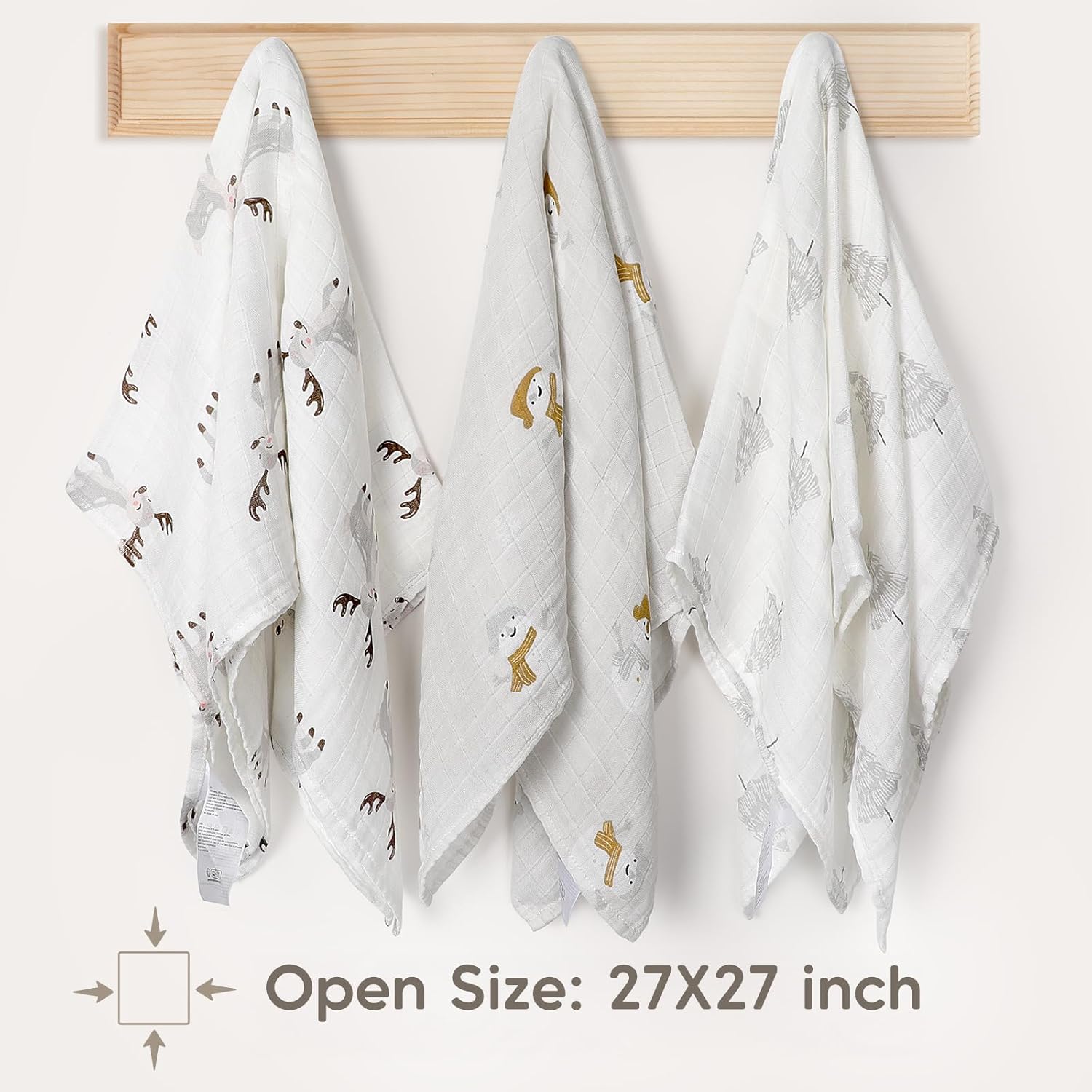Detalle de Maliton Muslin Cloths for Baby (6-pack) 70x70cm cotton burp cloths – soft breathable muslins with snowman, reindeer & pine tree prints