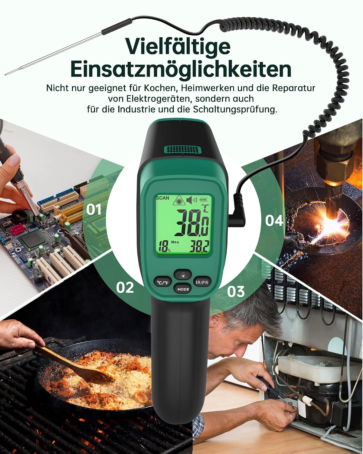 Detalle de ERICKHILL Infrarot- und Fleischsonde Thermometer: Laserthermometer & Kerntemperaturmessung von -50 bis 800 °C
