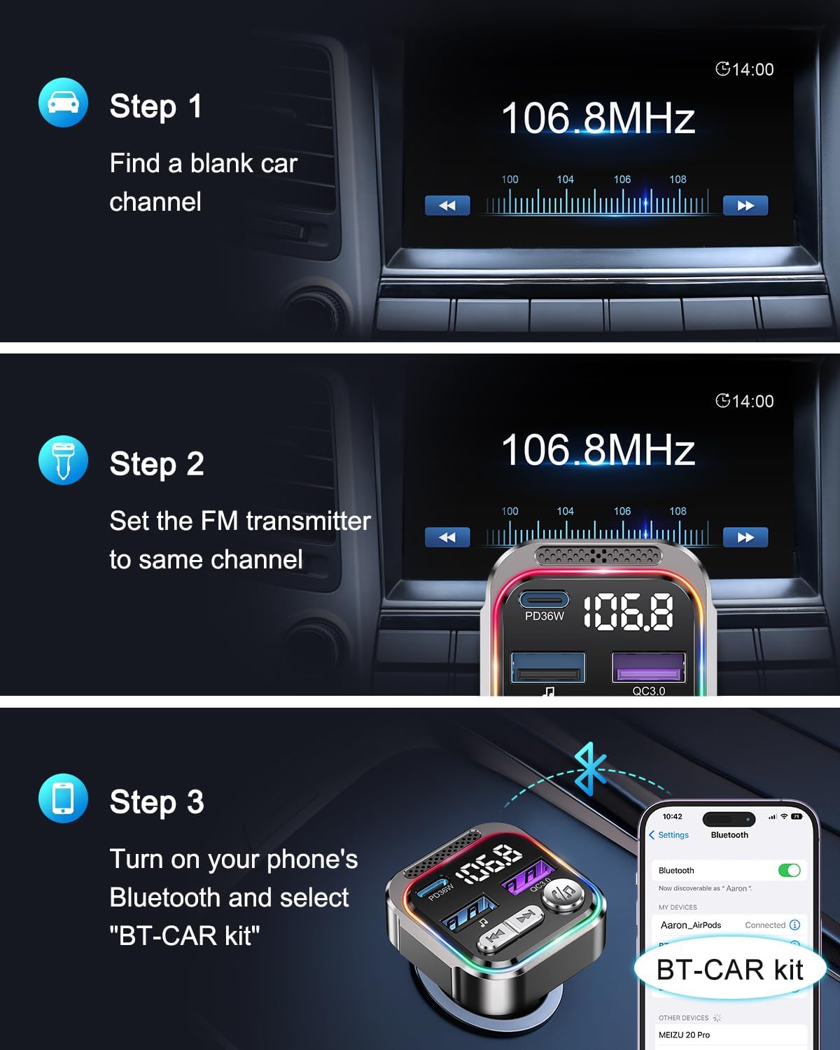 Thumbnail 6 de ORIA 66W Bluetooth 5.3 FM Transmitter – 36W PD Car Adapter