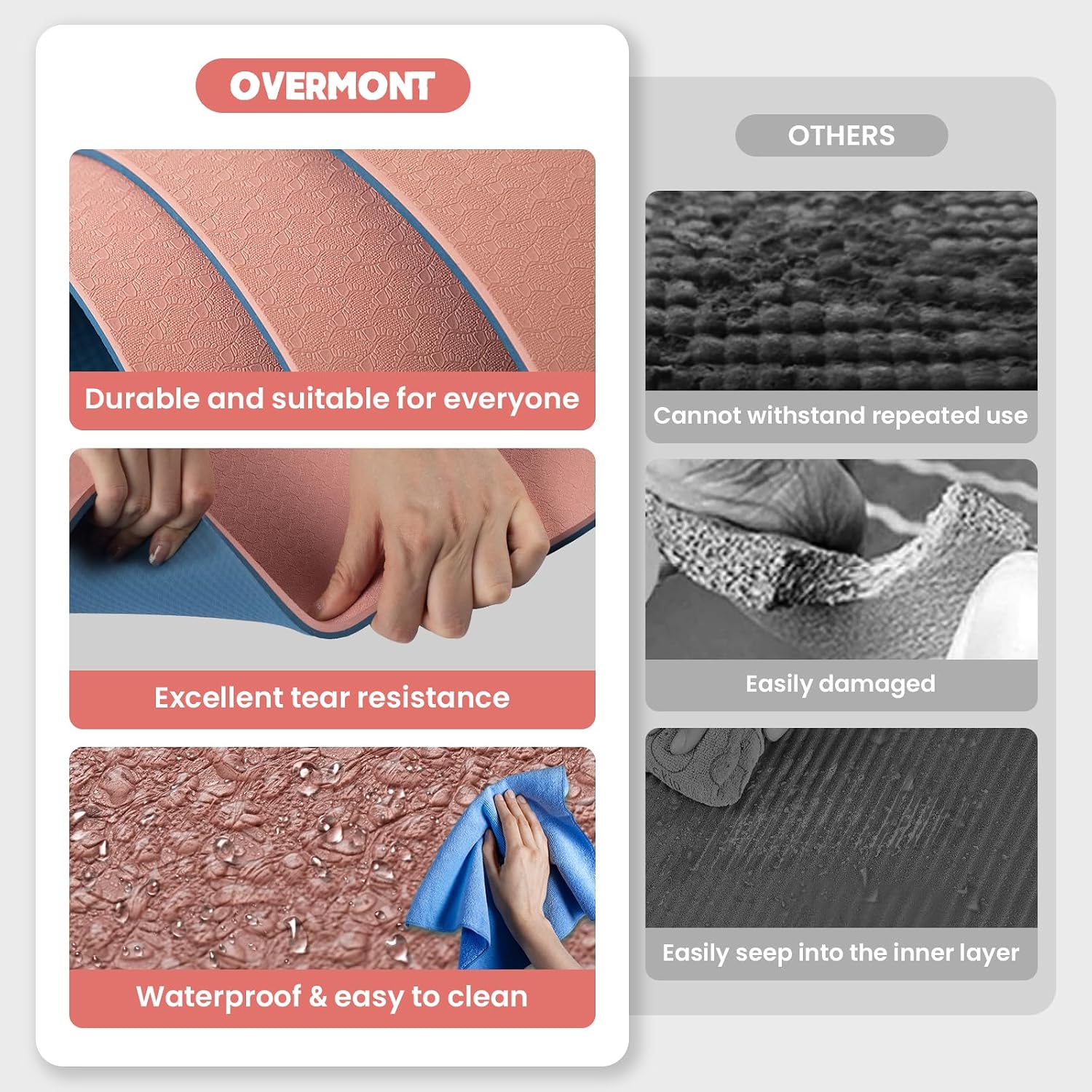 Detalle 2 de OVERMONT Yogamat Pink TPE Yoga Mat, 8 mm, Dual-Sided Grip, 72 x 24 in