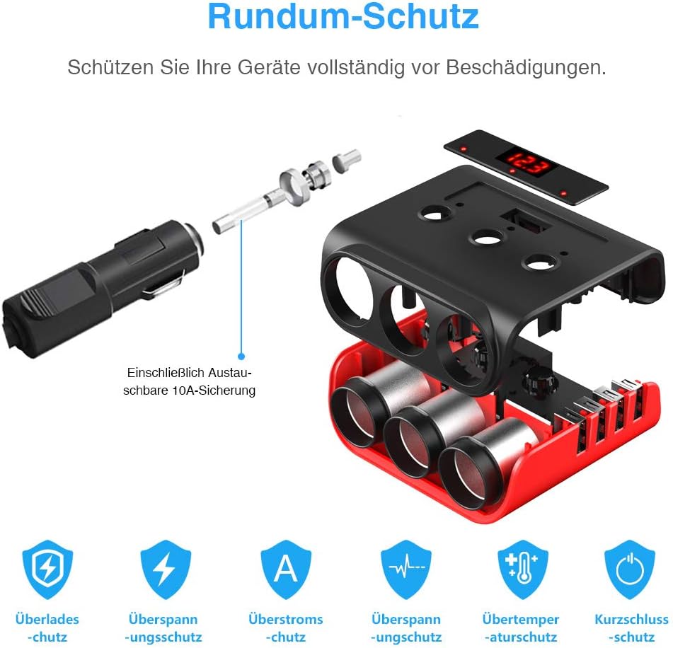 Detalle 2 de SONRU Auto Ladegerät Adapter 3 Fach KFZ USB