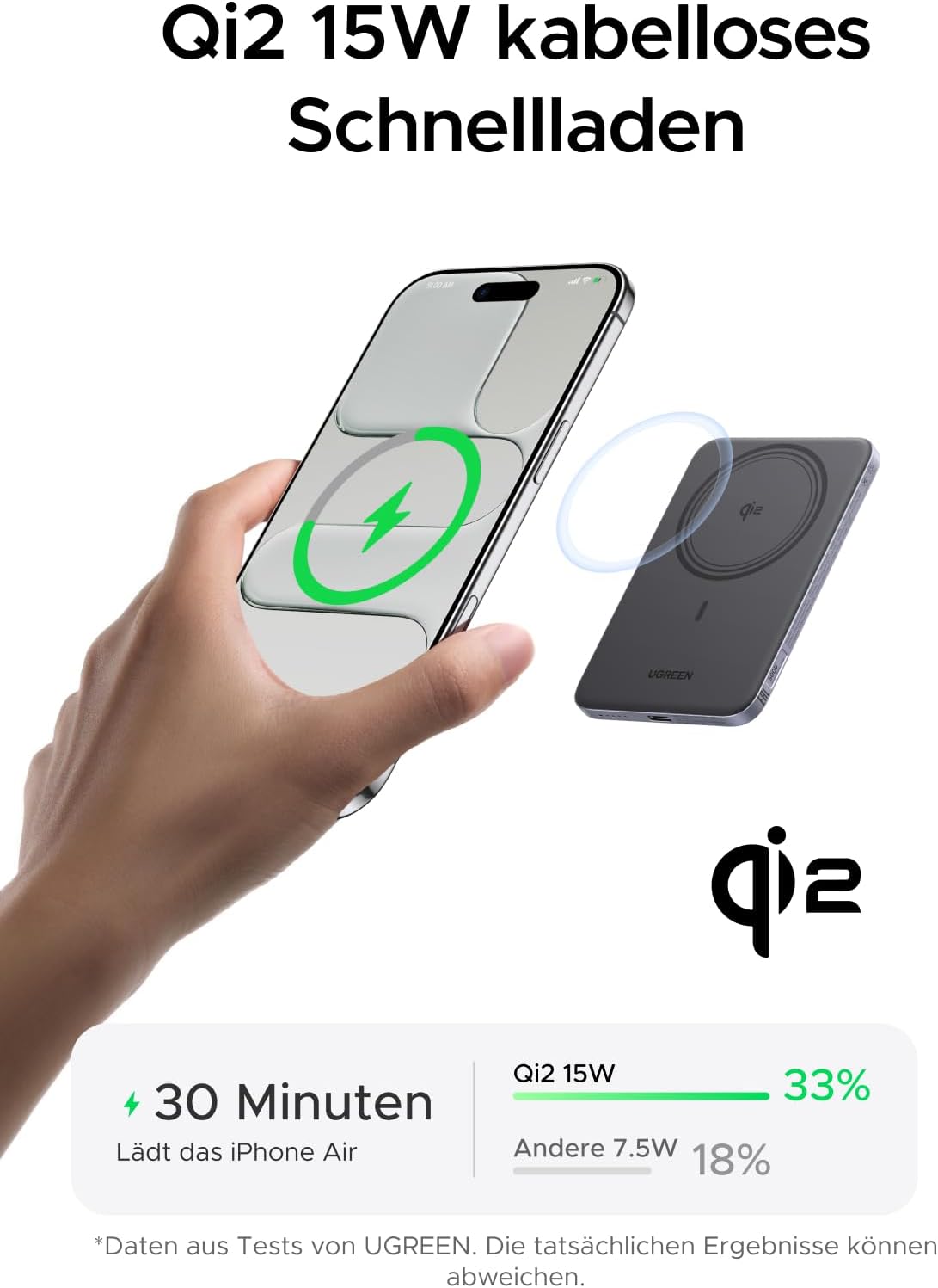 Detalle de UGREEN MagFlow Air Power Bank – Ultra-slim 5000mAh, MagSafe-kompatibel, 15W Qi2, Grau