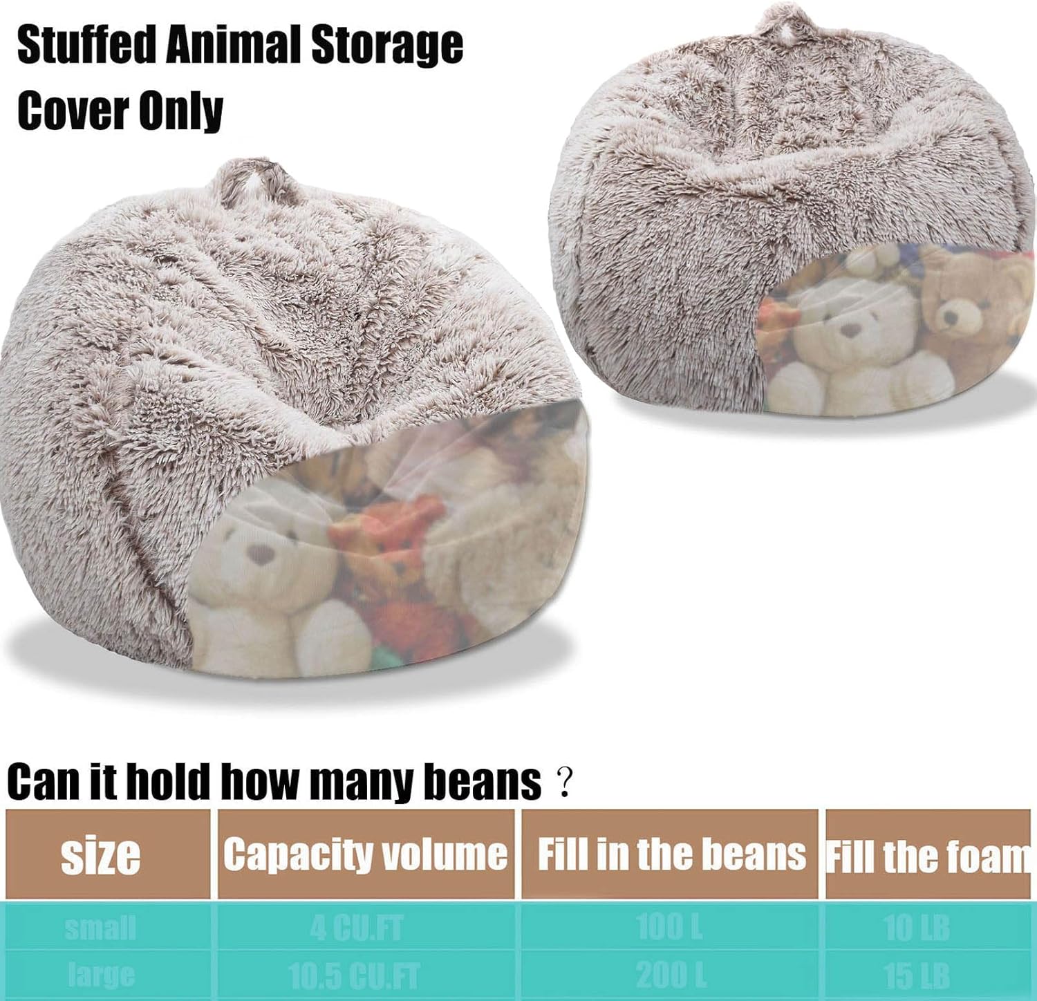 Detalle 2 de Kisoy KQ-001CamelS Stuffed Animal Storage Bean Bag Cover, Heather Camel Faux Fur