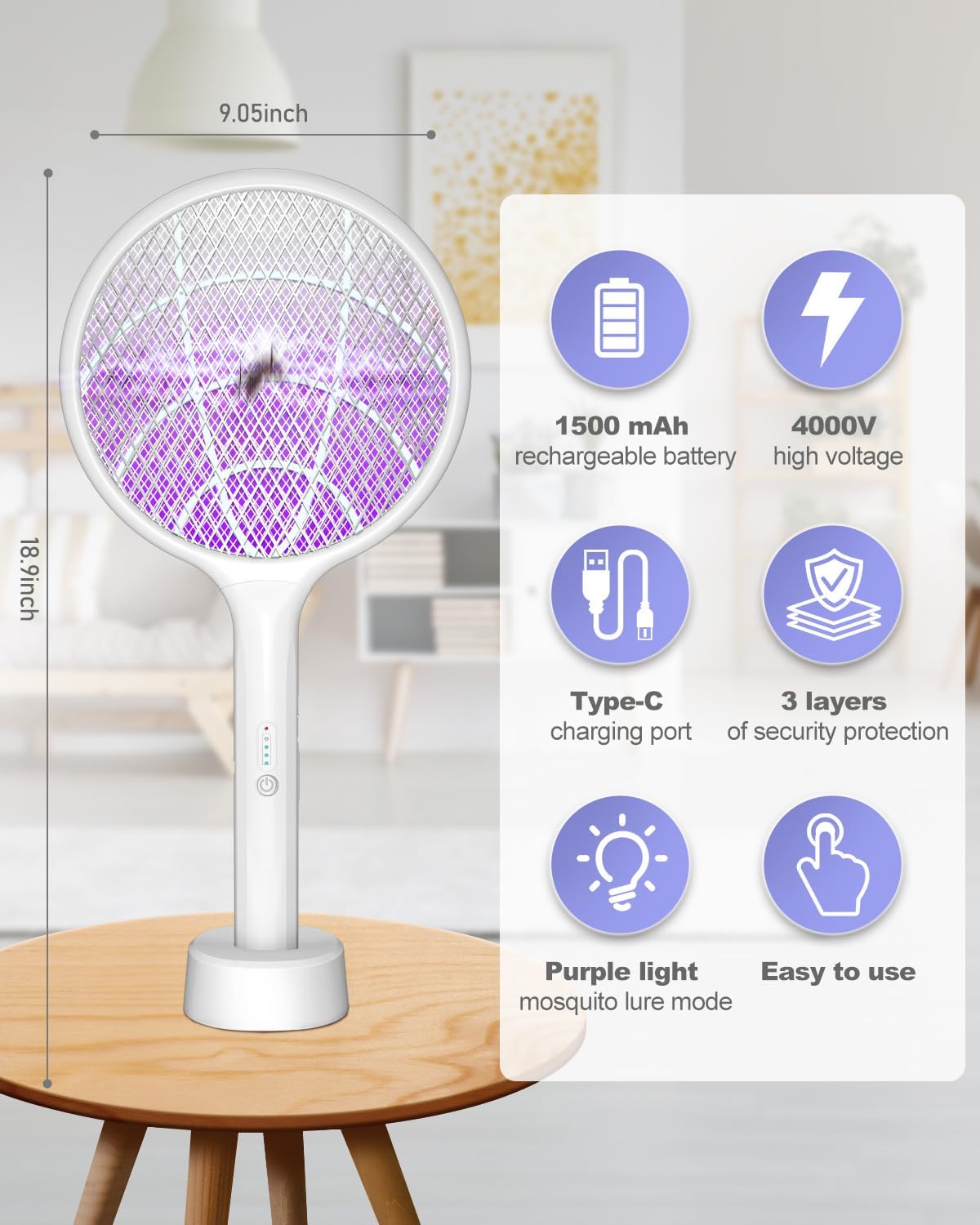 Detalle de DEEZEE ELMS-4000 Electric Fly Swatter with 4,000V Grid and Rechargeable Purple Light