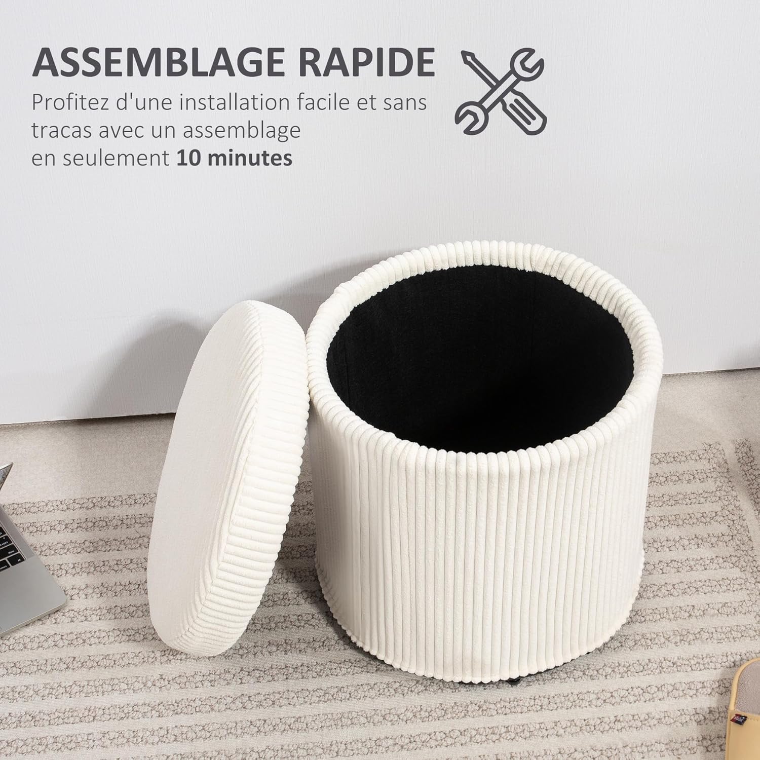 Thumbnail 6 de HOMCOM Pouf de rangement 32 L en velours côtelé avec couvercle et pieds en acier (jusqu’à 120 kg), beige