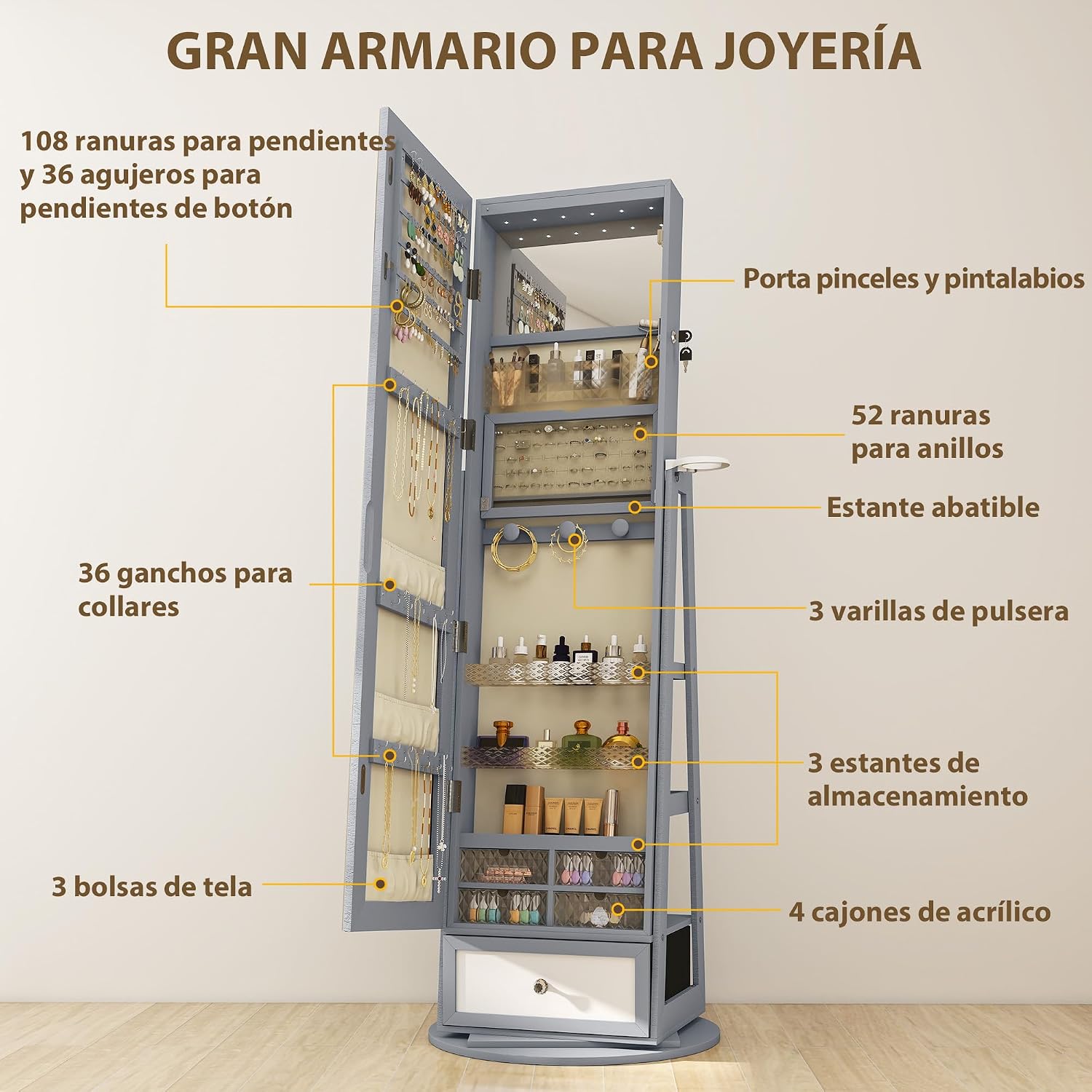 Detalle de HOMCOM espejo joyero con luces LED y armario giratorio 360° (gris claro y beige)