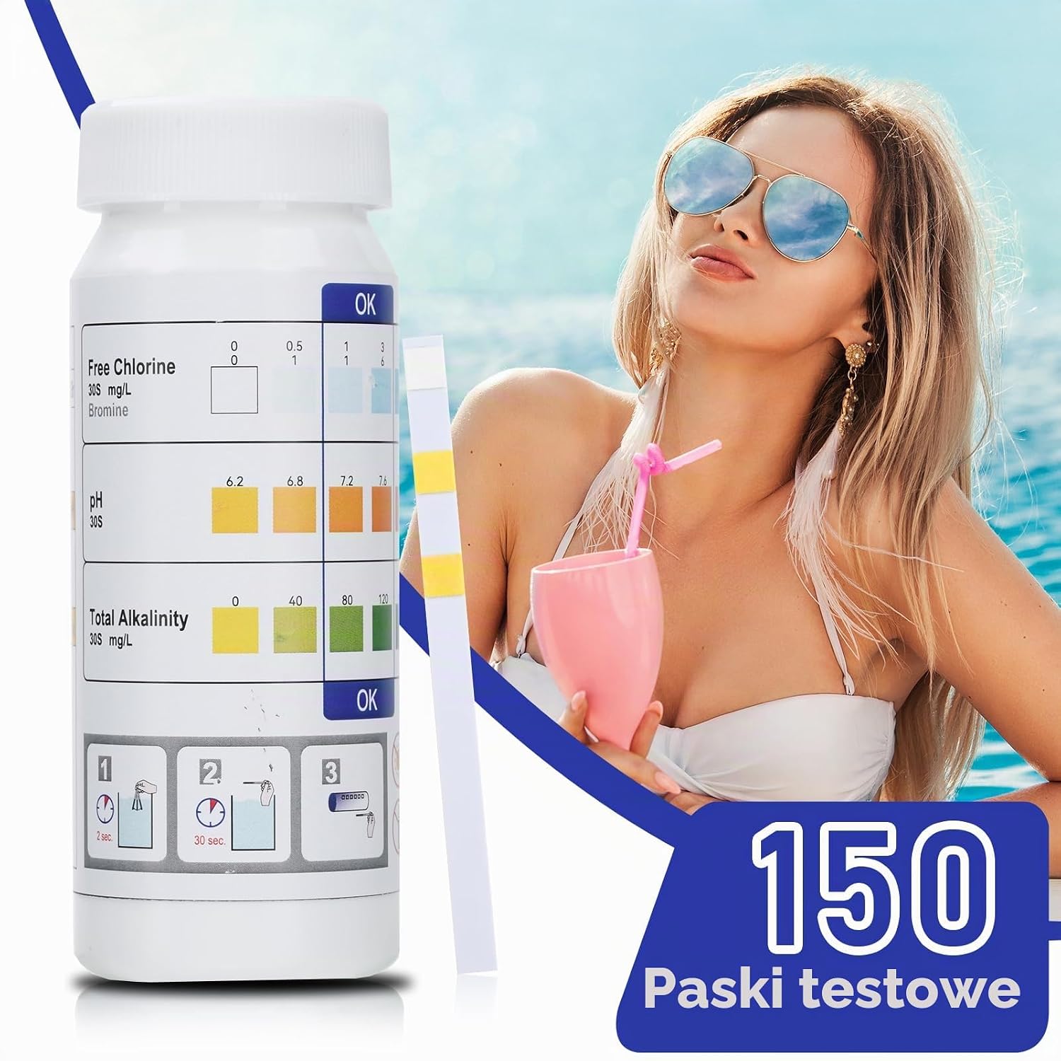 Detalle de Aideepen 3 en 1 – paski testowe do wody, 150 szt., pH, chlor i alkaliczność