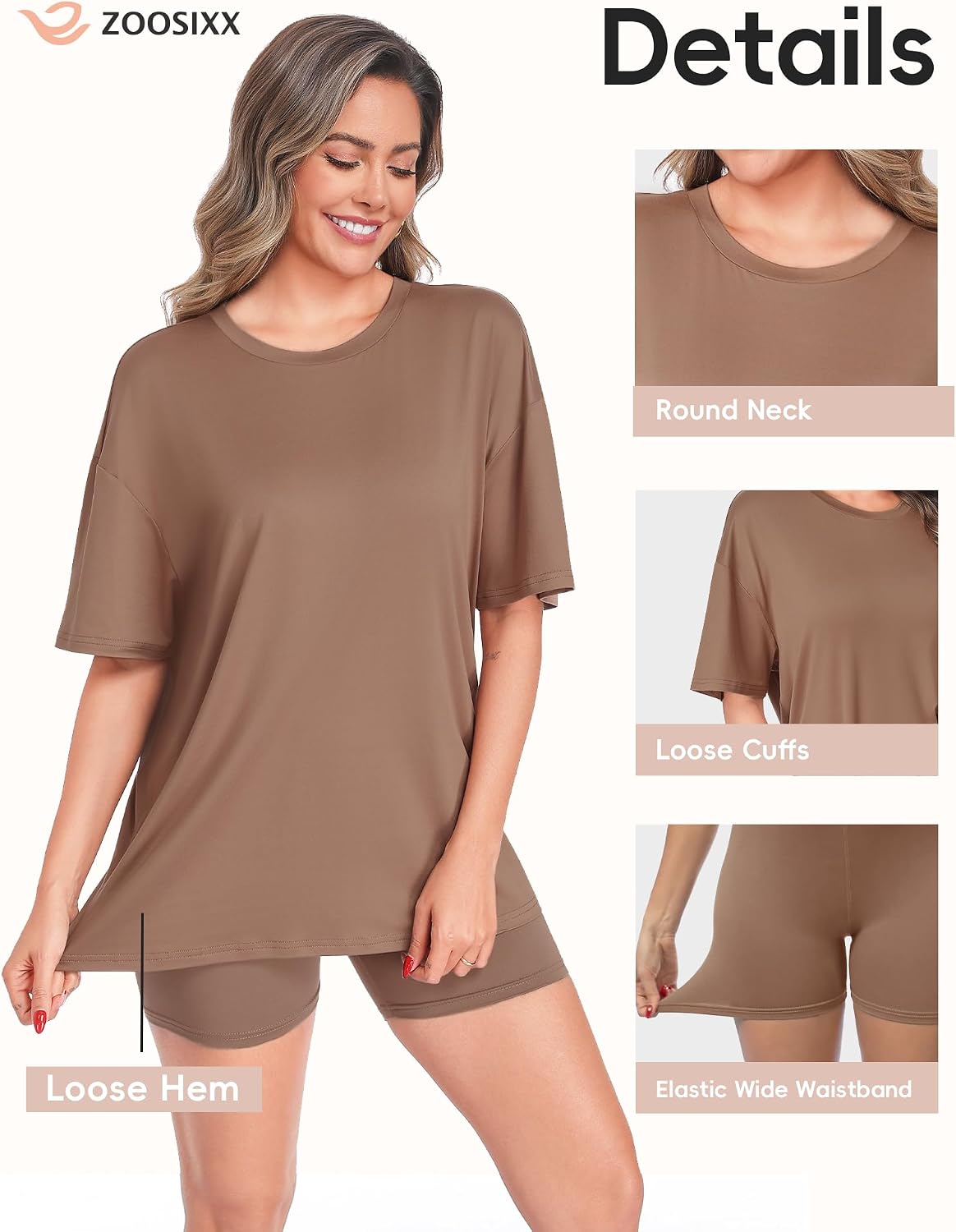 Detalle 2 de ZOOSIXX 2 Piece Sets for Women Summer — Oversized T Shirt & High-Waisted Biker Shorts Lounge Set