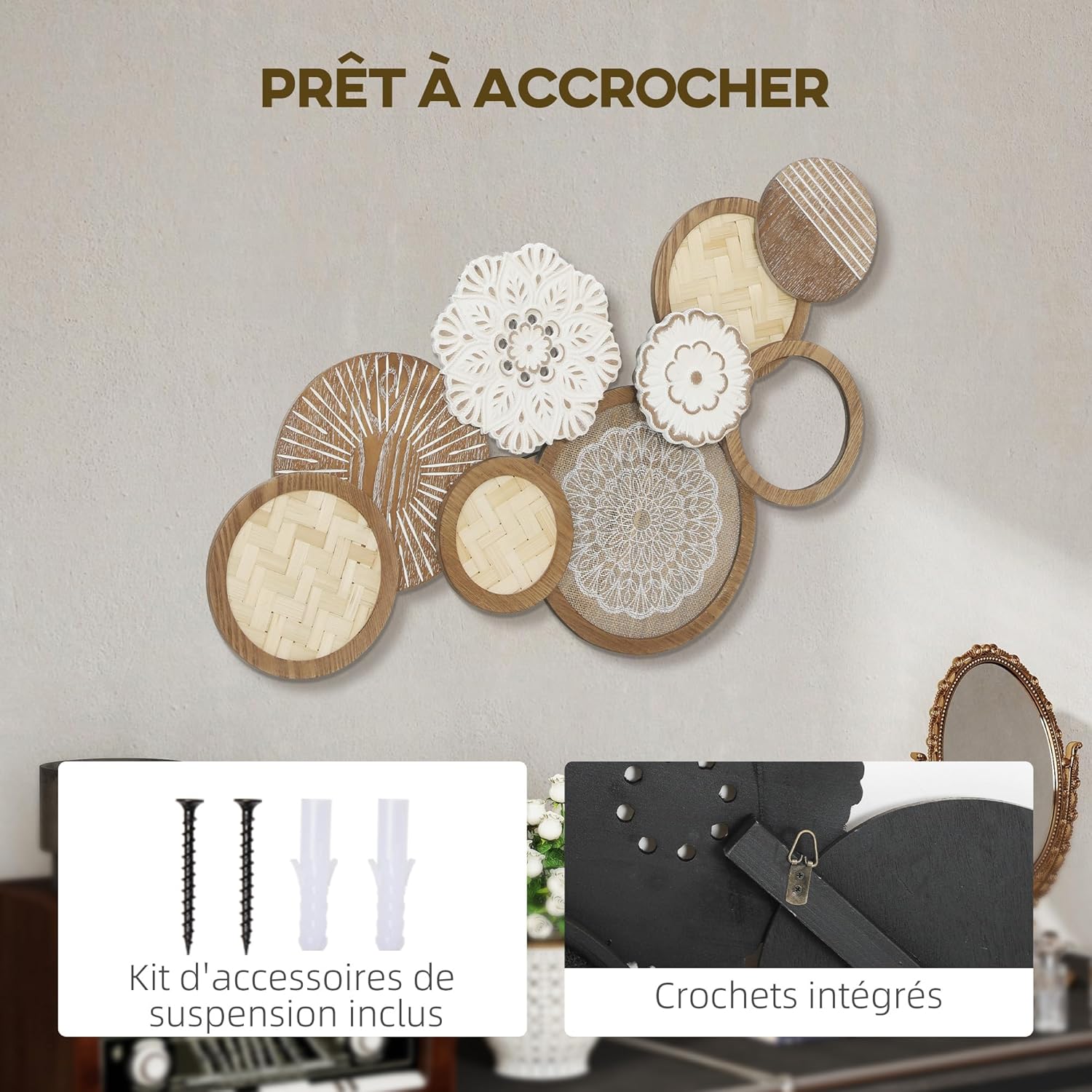 Thumbnail 3 de HOMCOM Décoration murale en bois moderne – sculpture géométrique à disques, 83,8 × 44,5 cm, bois naturel