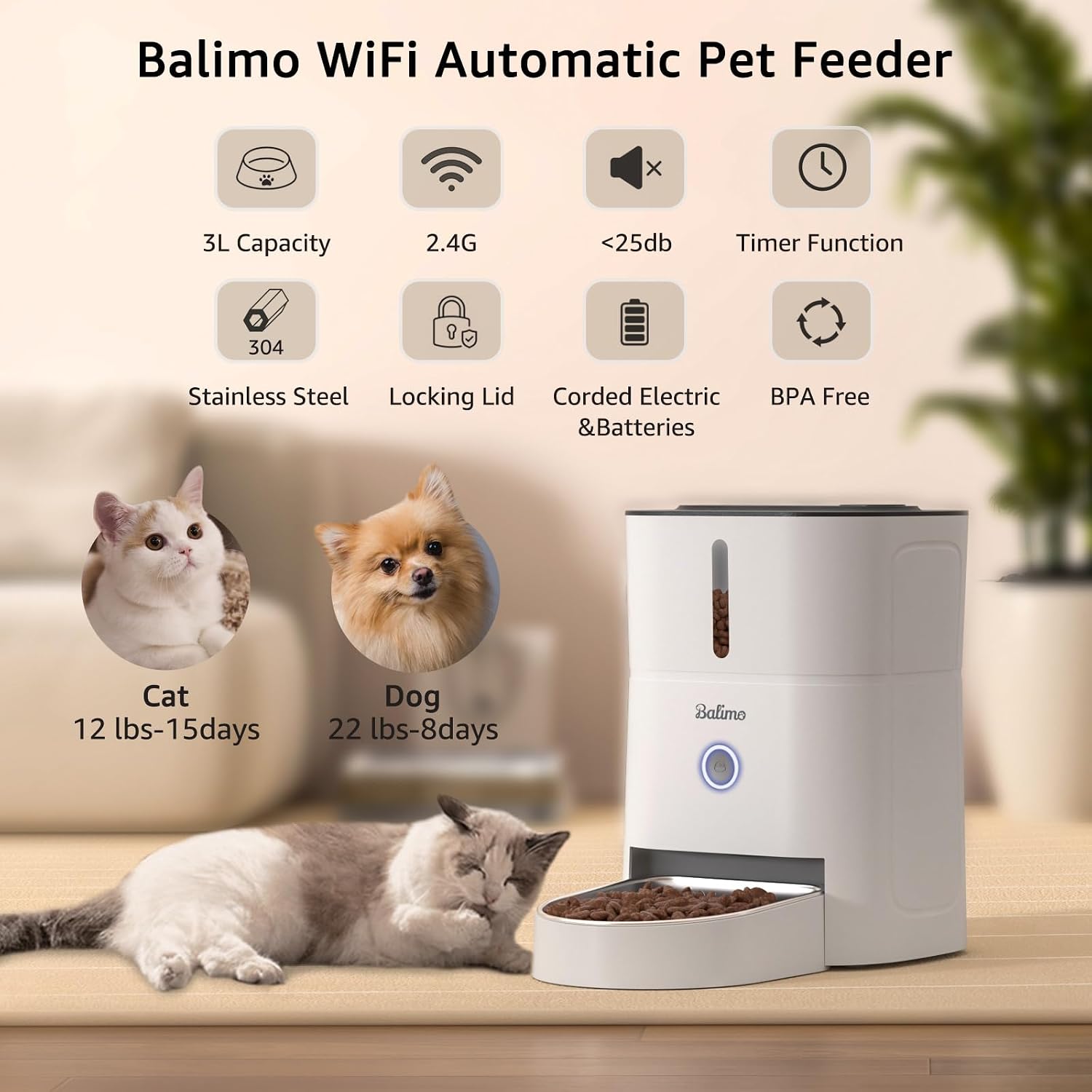 Detalle de Balimo Futterautomat Katze 3L – WiFi-Futterspender mit App-Steuerung, 1–10 Mahlzeiten/Tag