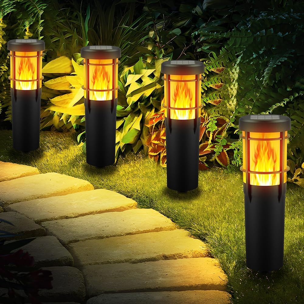 Detalle de Ainostone Solarlampen für Außen (4er-Set) – Solar-Fackeln mit Flammeneffekt & RGBW, IP65