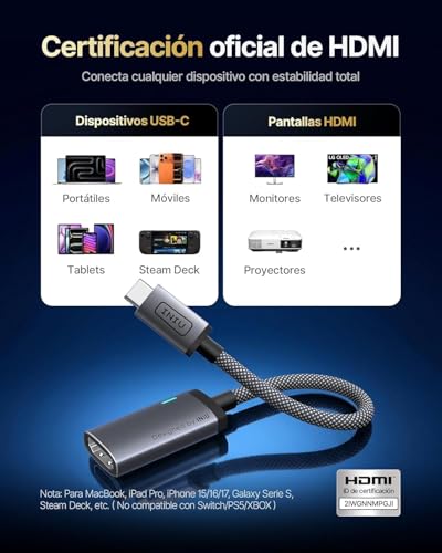 Detalle 2 de INIU Adaptador USB‑C a HDMI con LED Inteligente, 4K@60Hz y Certificación HDMI Oficial