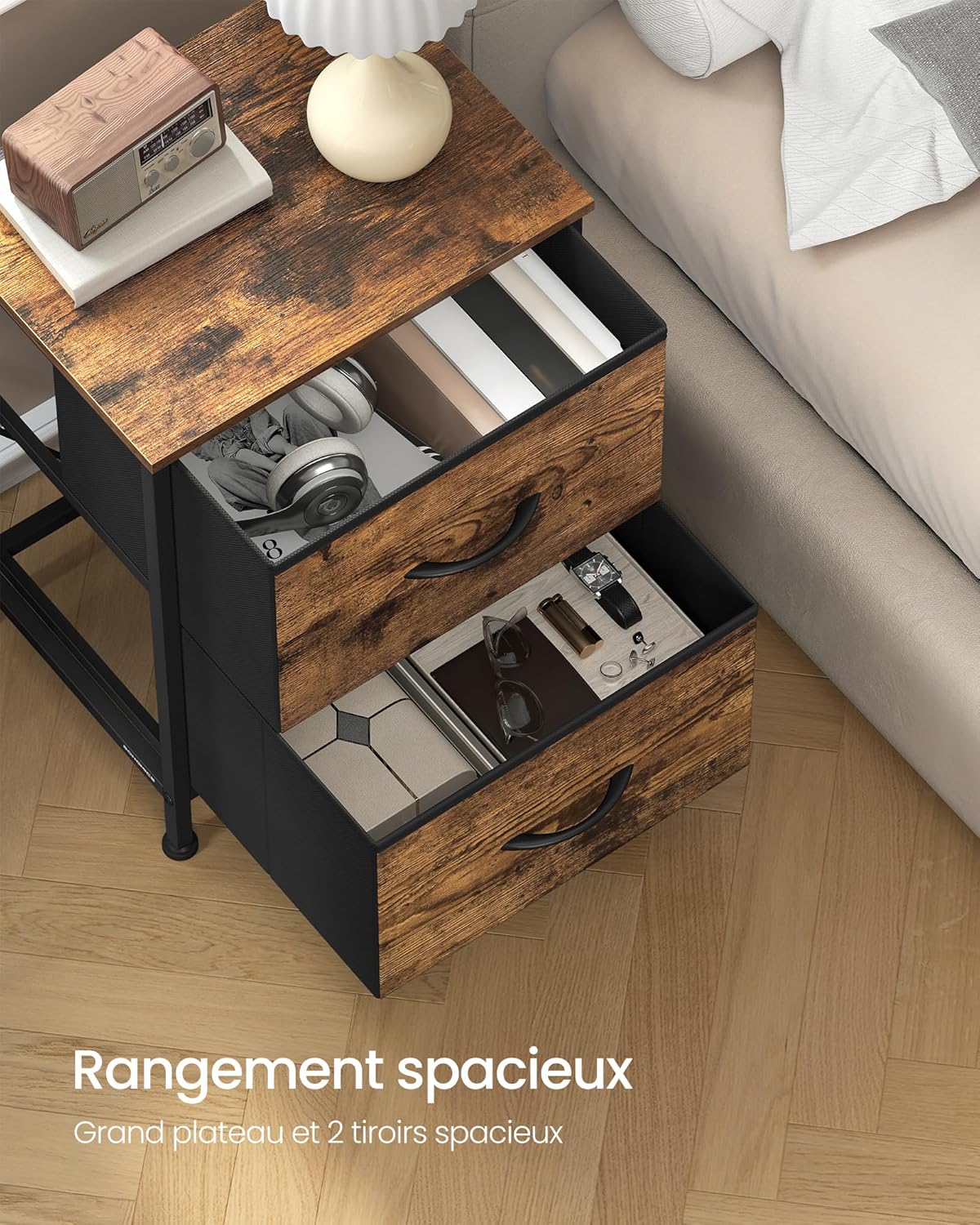 Detalle de SONGMICS BELLAH Collection – Table de Chevet 2 tiroirs, cadre en acier, style industriel (Marron Rustique & Noir d’Encre) LGS112KD01